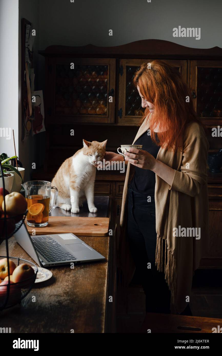 Frau trinkt Tee und streichelte Katze in der Küche. Gemütlicher Morgenalltag zu Hause. Niedliche Ingwer-Katze mit Besitzer auf dem Tisch. Vintage-Haus, stilvoll alt Stockfoto