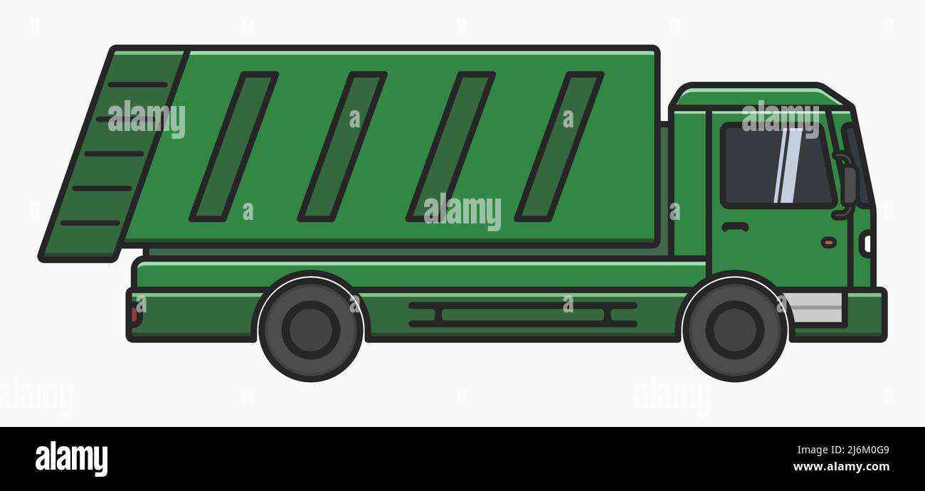 Green City Dump Müllwagen Seitenansicht Vektor flache Abbildung Stock Vektor