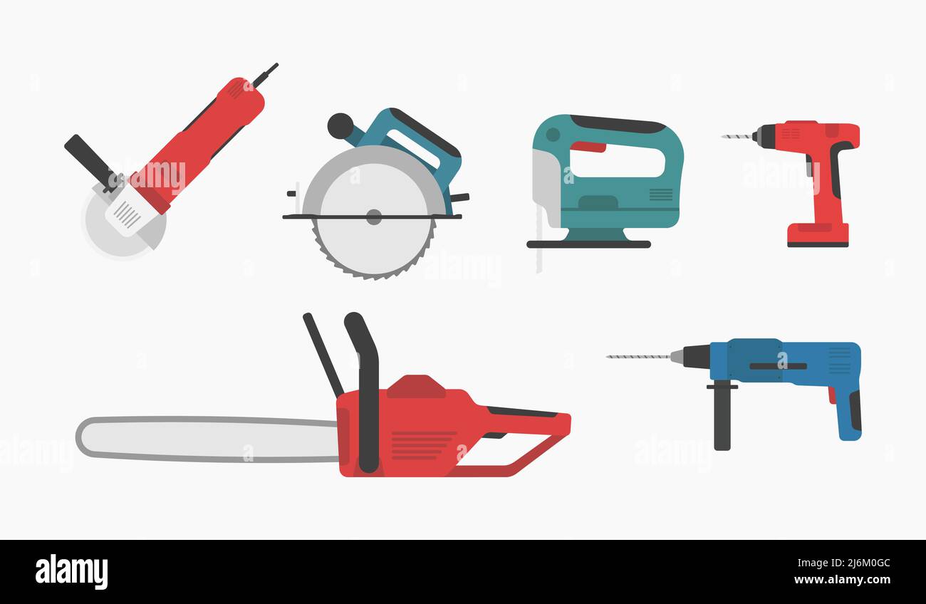 Kreissägeschrauber für Elektrowerkzeuge, gebohrt, mit Farbsymbolen, Vektorgrafik flach Stock Vektor