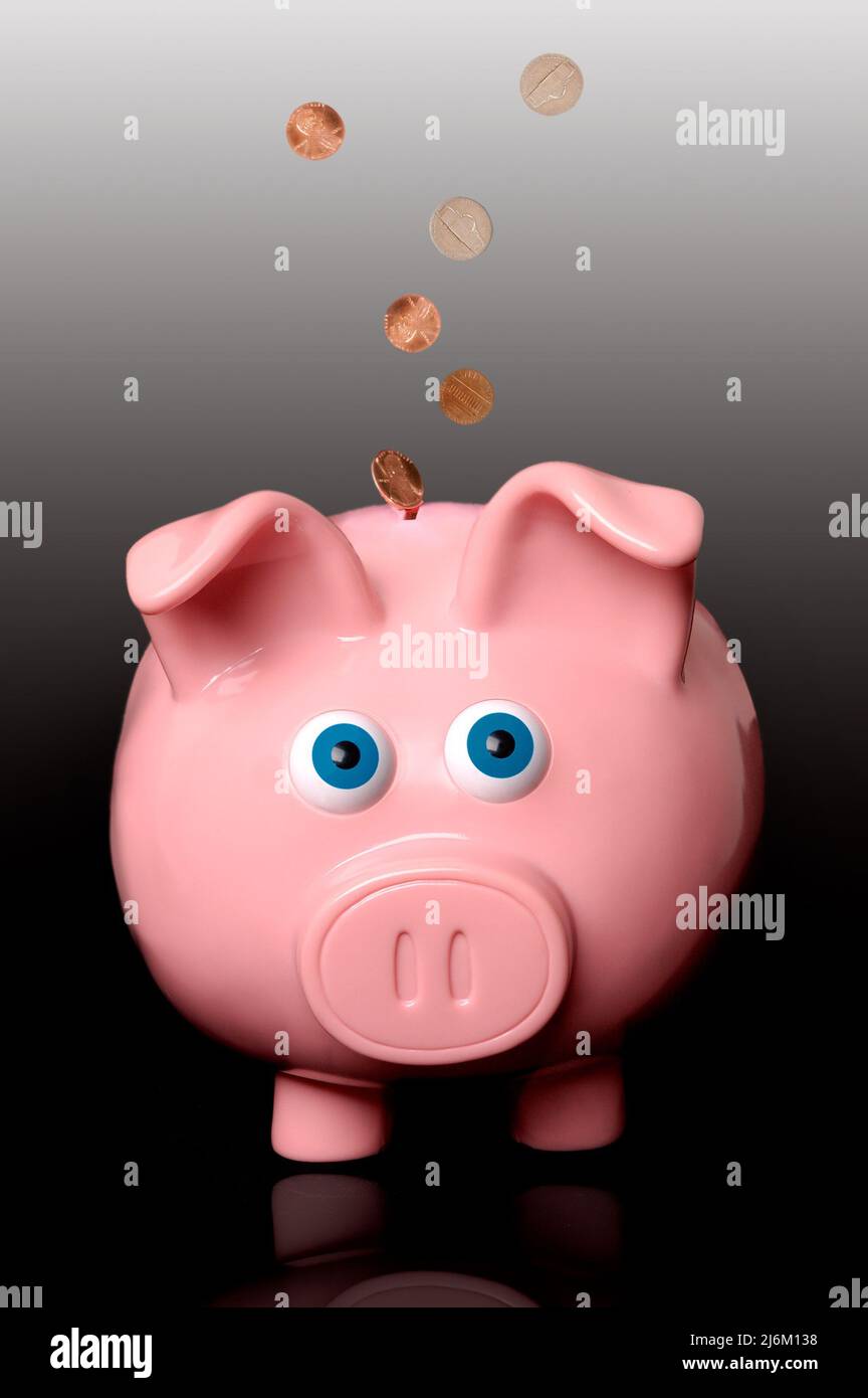Rosa Sparschwein mit Münzen fliegen ein oder aus, sparen oder Geld ausgeben Konzepte Stockfoto