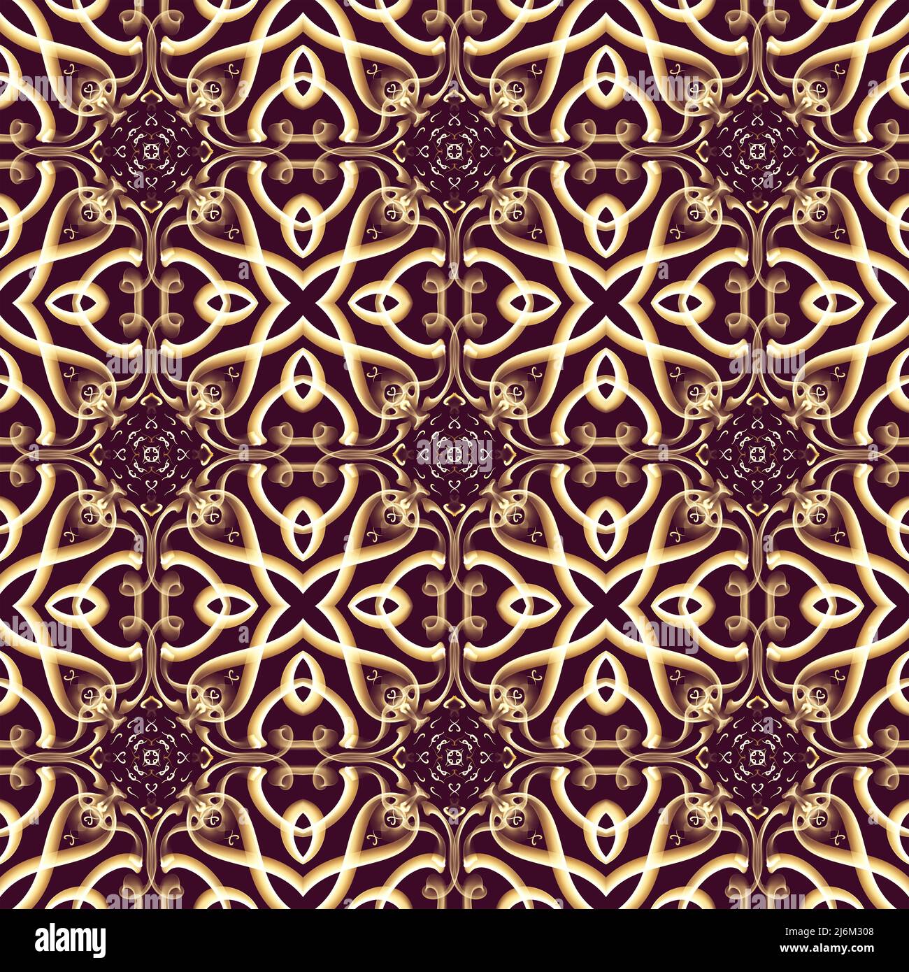 Nahtloses ornamentales Muster in goldener Farbe mit kastanienbraunem Hintergrund. Verwendung für Modedesign, Kleidung, Stoffe, Heimtextilien, Bettwäsche, Stockfoto