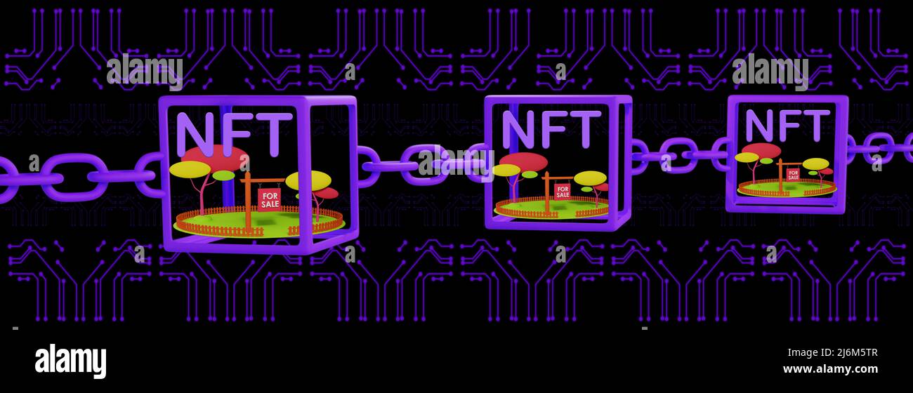 NFT Grundstücke zum Verkauf in der Metaverse, Immobilien als nicht fungible Token im Metaverse-Konzept verkauft, 3D Illustration Stockfoto