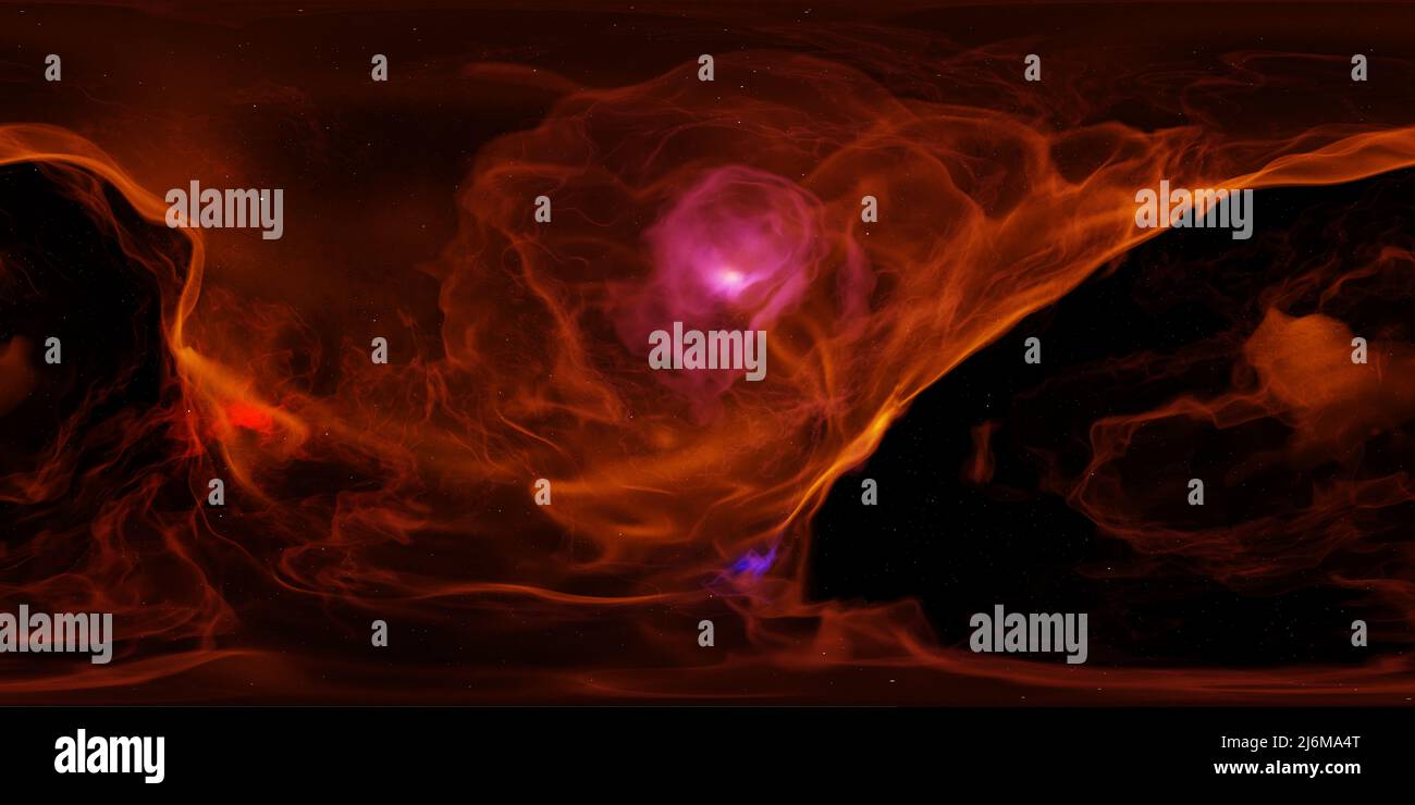 Nebel mit Sternen, 8K HDRI-Karte, 360-Grad-Raumhintergrund, astronomisches sphärisches UmgebPanorama (3D äquirectangular Render) Stockfoto