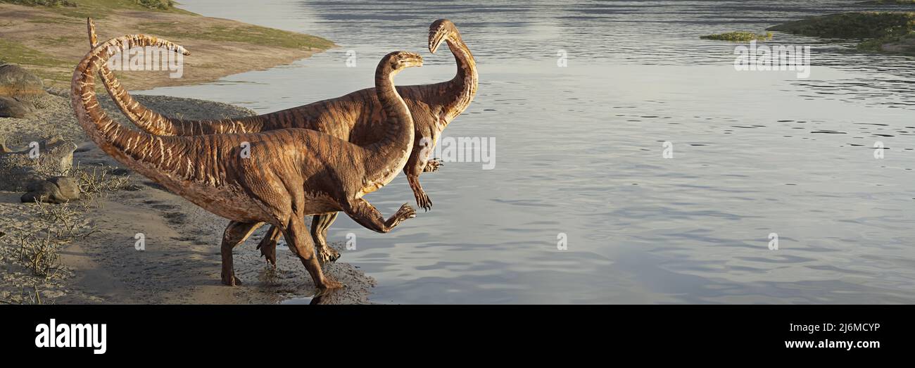 Plateosaurus-Paar, Dinosaurier aus der späten Trias, die am Strand spazieren Stockfoto