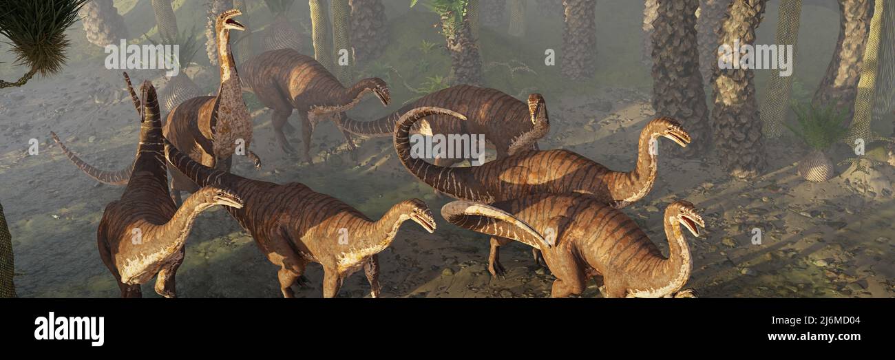 Plateosaurus-Herde, Dinosaurier aus der späten Trias, die in einem Baumfarnwald spazieren Stockfoto