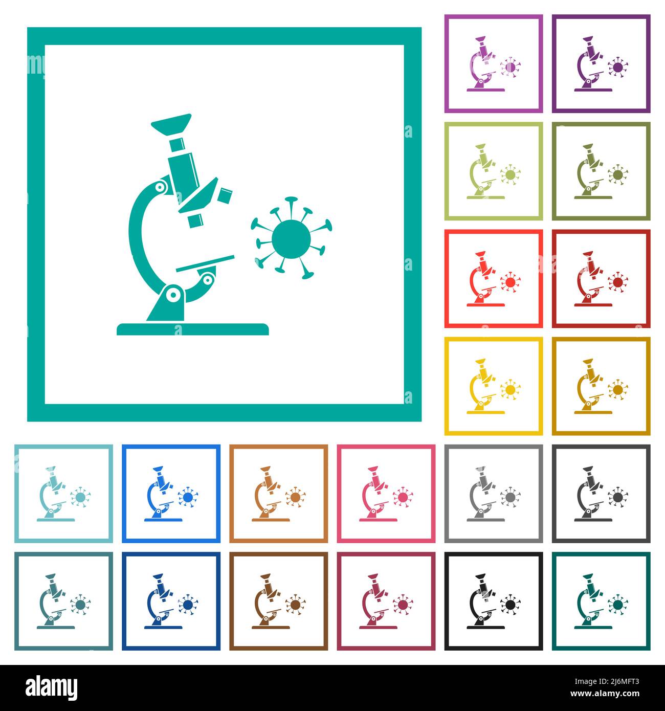 Flache Farbsymbole für Mikroskope und Viren mit Quadrantenrahmen auf weißem Hintergrund Stock Vektor