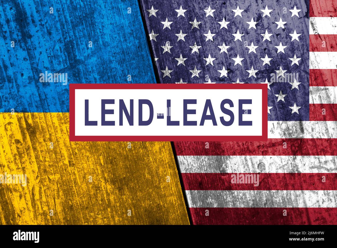 Flaggen der Ukraine und der USA und die Inschrift „Pend Lease“. Stockfoto