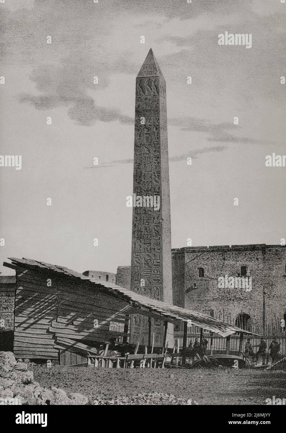 Ägypten, Alexandria. Obelisk, bekannt als 'Nadel der Kleopatra', datiert auf das 15.. Jahrhundert v. Chr. Illustration von M. Teruel. Lithographie von José María Mateu. „Viaje a Oriente“, 1882. Stockfoto
