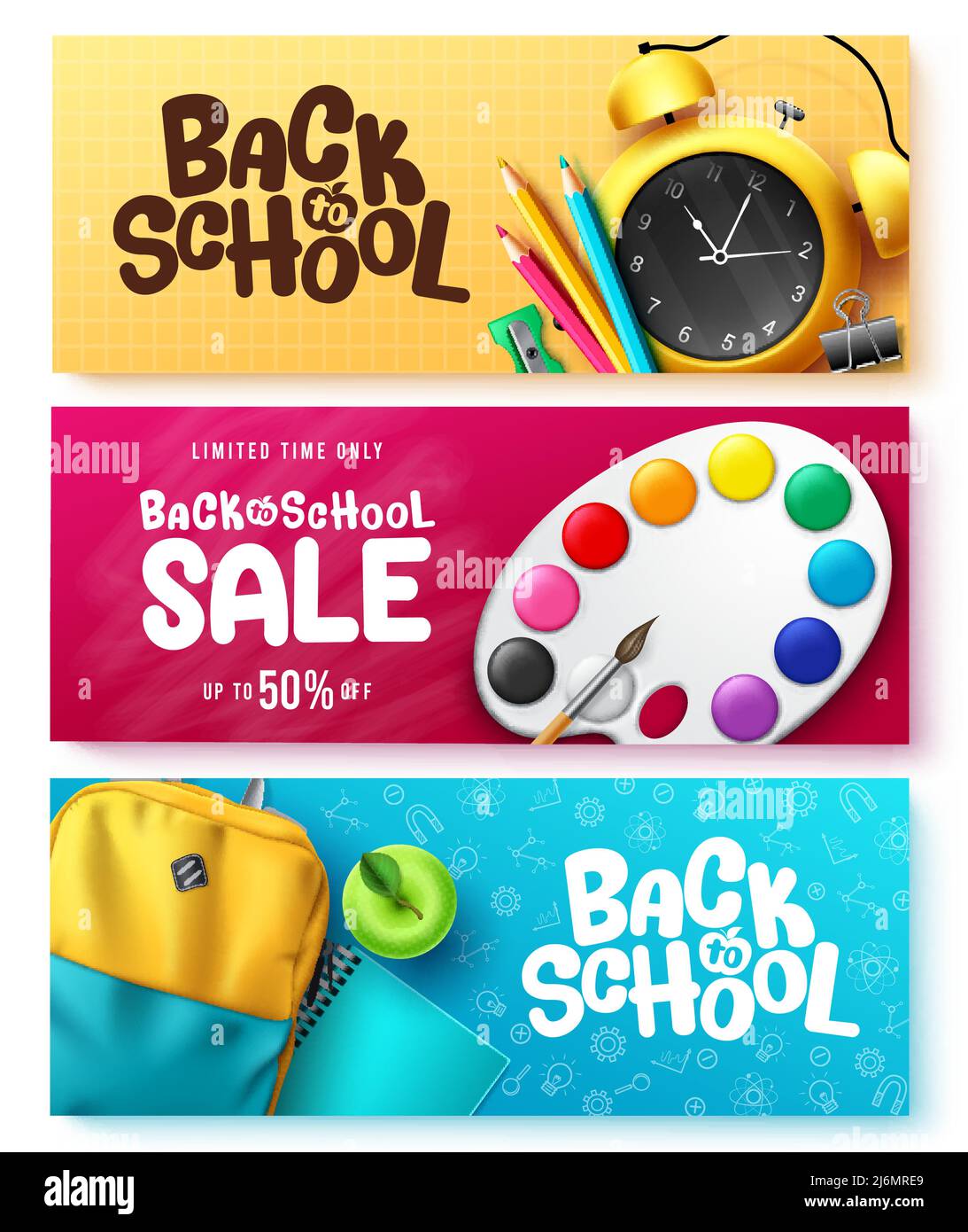 Back to School Vektor-Banner-Set-Design. Zurück zur Schule Verkauf Text mit Kunst Studie Gegenstände Wecker, Malerei und Rucksack für Schüler. Stock Vektor Back to School Vektor-Banner-Set-Design. Zurück zur Schule Verkauf Text mit Kunst Studie Gegenstände Wecker, Malerei und Rucksack für Schüler. Stock Vektor
