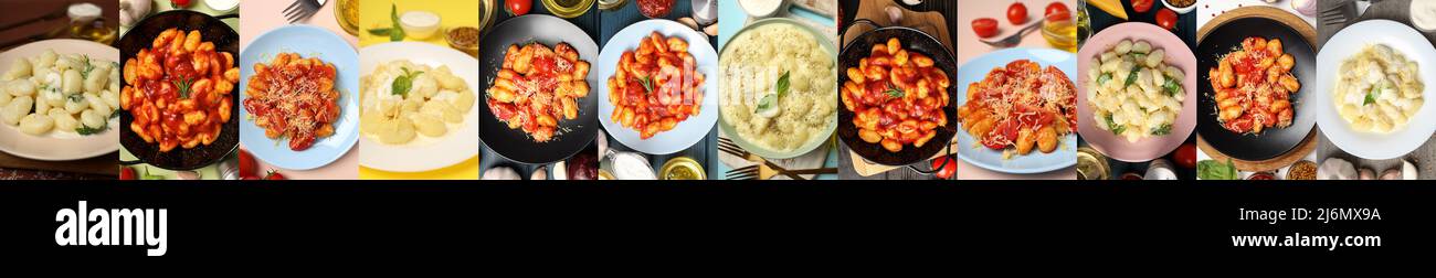 Gnocchi-Kollage. Kollage von Fotos von lecker gekochten Gnocchi mit verschiedenen Saucen und Zutaten. Gekochte Gnocchi Stockfoto