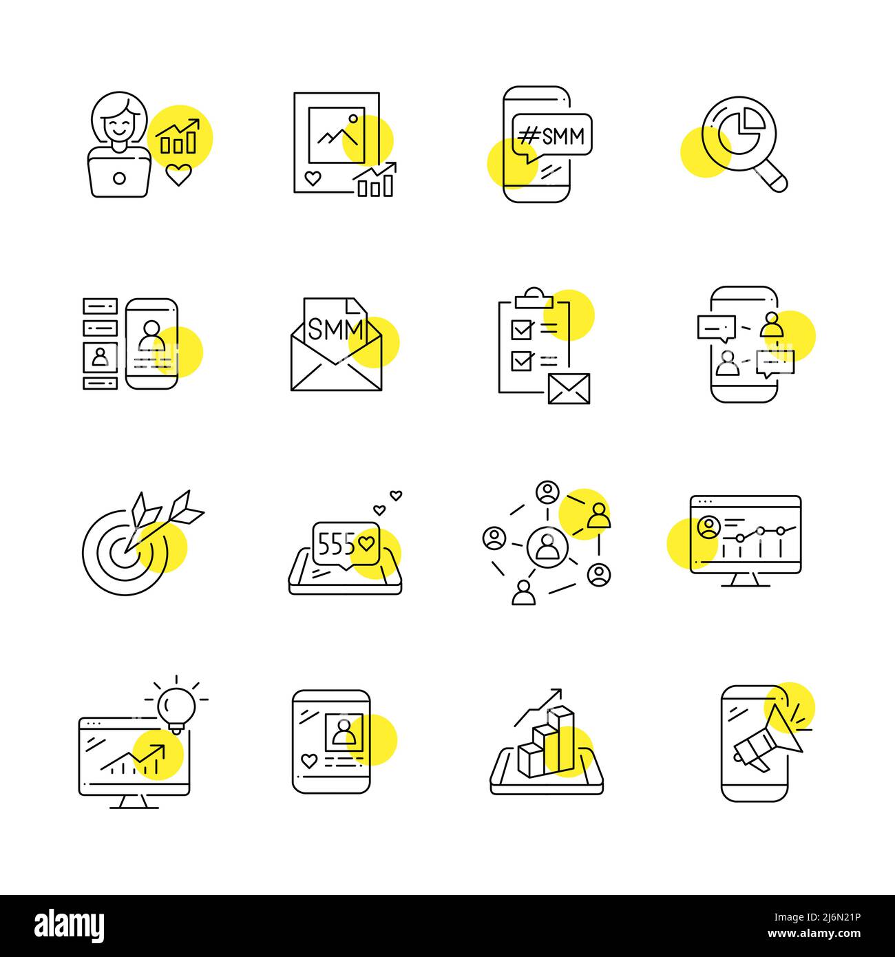 Symbole im Zusammenhang mit SMM Social Media Marketing und Content Management. Content-Pläne, Datenanalyse. Pixel Perfect, bearbeitbare Strichsymbole eingestellt Stock Vektor