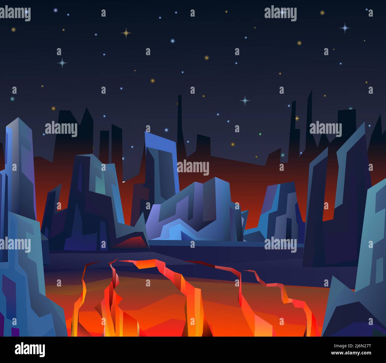 Felsen Klippen Landschaft. Gerissene Erde hat Risse bekommen. Lava und Magma. Sternenhimmel. Vulkanisches Erdbeben. Nachtlandschaft in den Bergen. Flacher Cartoon-Stil. Dunkles t Stock Vektor