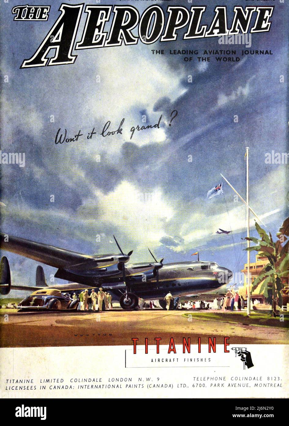 Das Cover des Airplane Magazine Januar 28. 1944 enthält eine Anzeige für Titanine-Flugzeugausführungen am unteren Rand Stockfoto