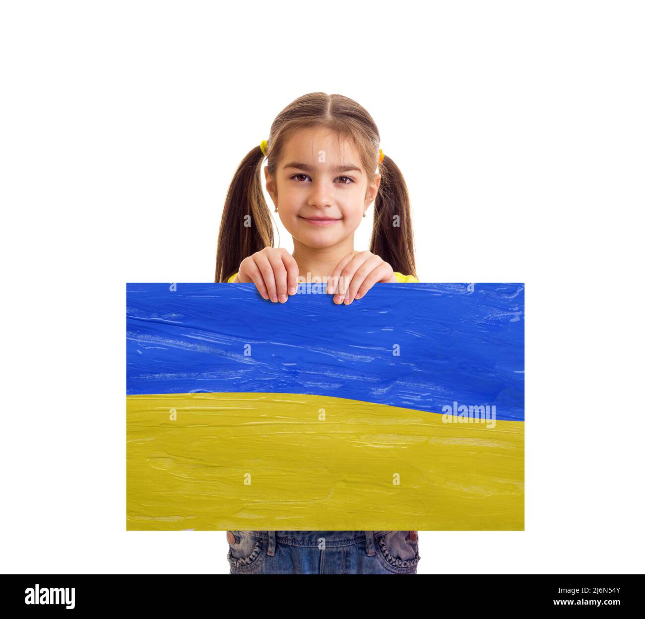 Mädchen mit ukrainischer blauer und gelber Flagge Stockfoto