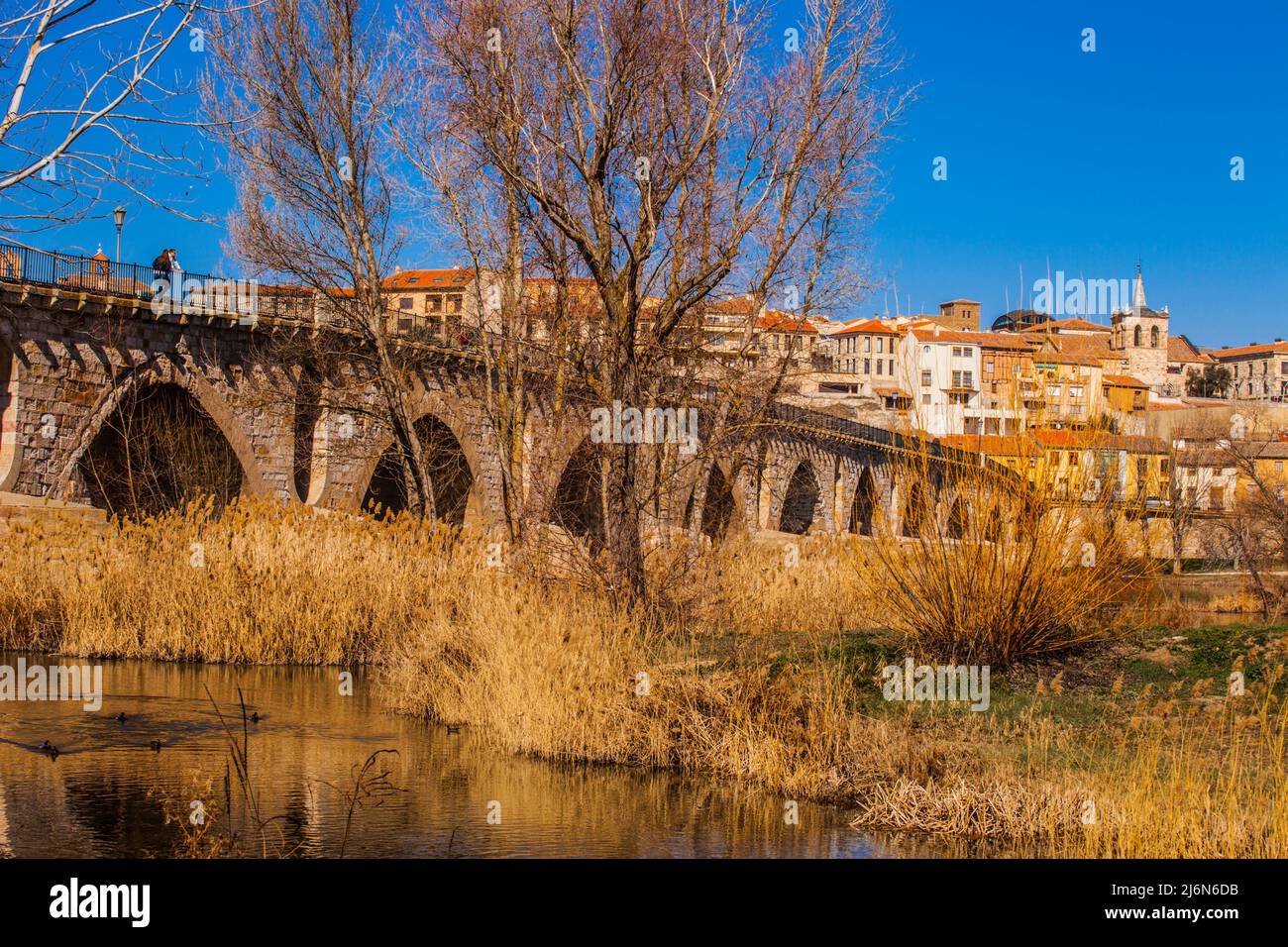 Steinbrücke, Duero Fluss Zamora Stadt, Zamora Provience, Kastilien und Leon, Spanien, Europa. Stockfoto