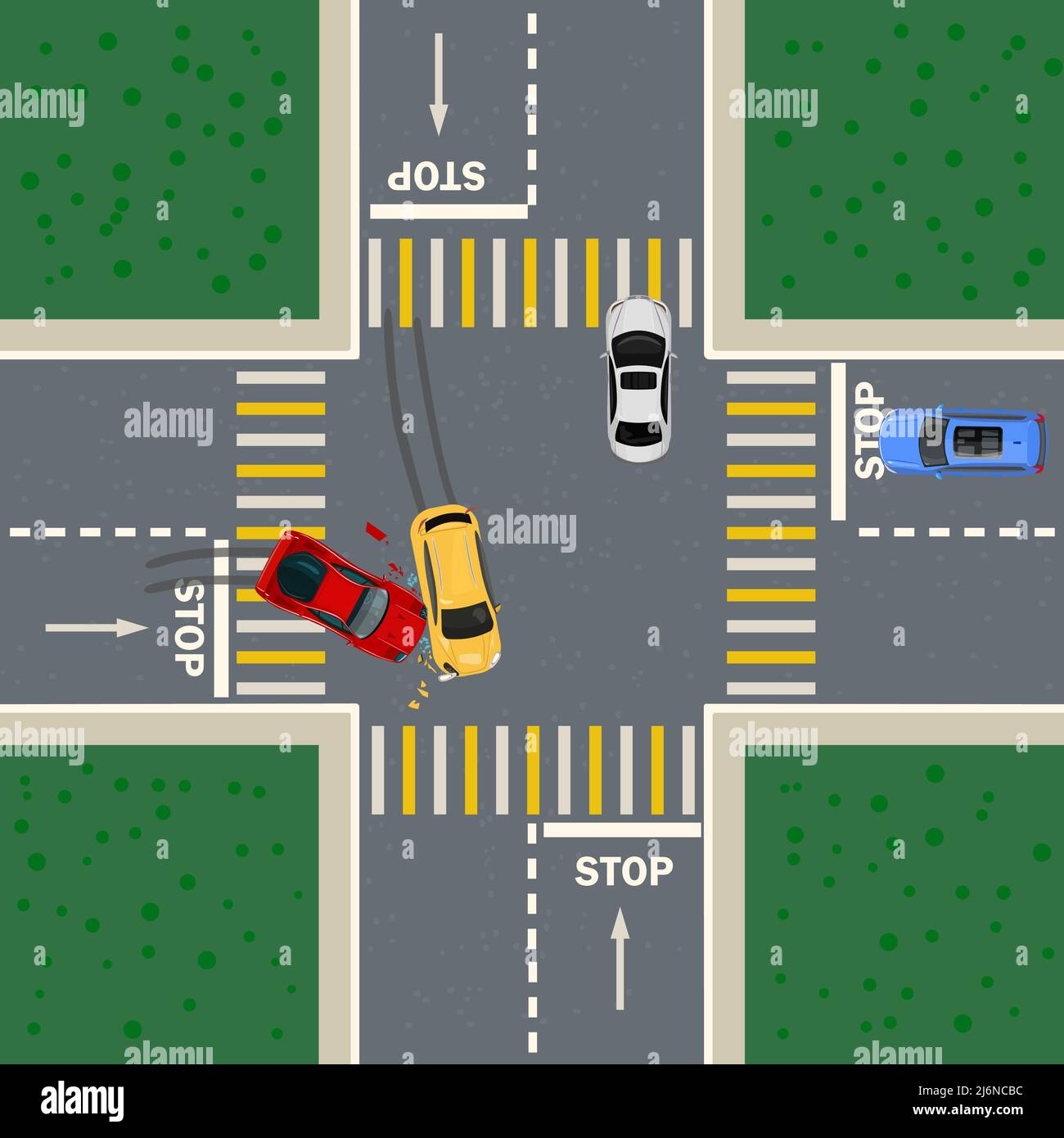 Verkehrsunfall zwischen zwei Autos. Absturz an der Kreuzung von oben. Gebrochene Fahrzeuge nach Kollision in der Kreuzung.Verkehrsverletzung der Priorität Turn.Vector Stock Vektor