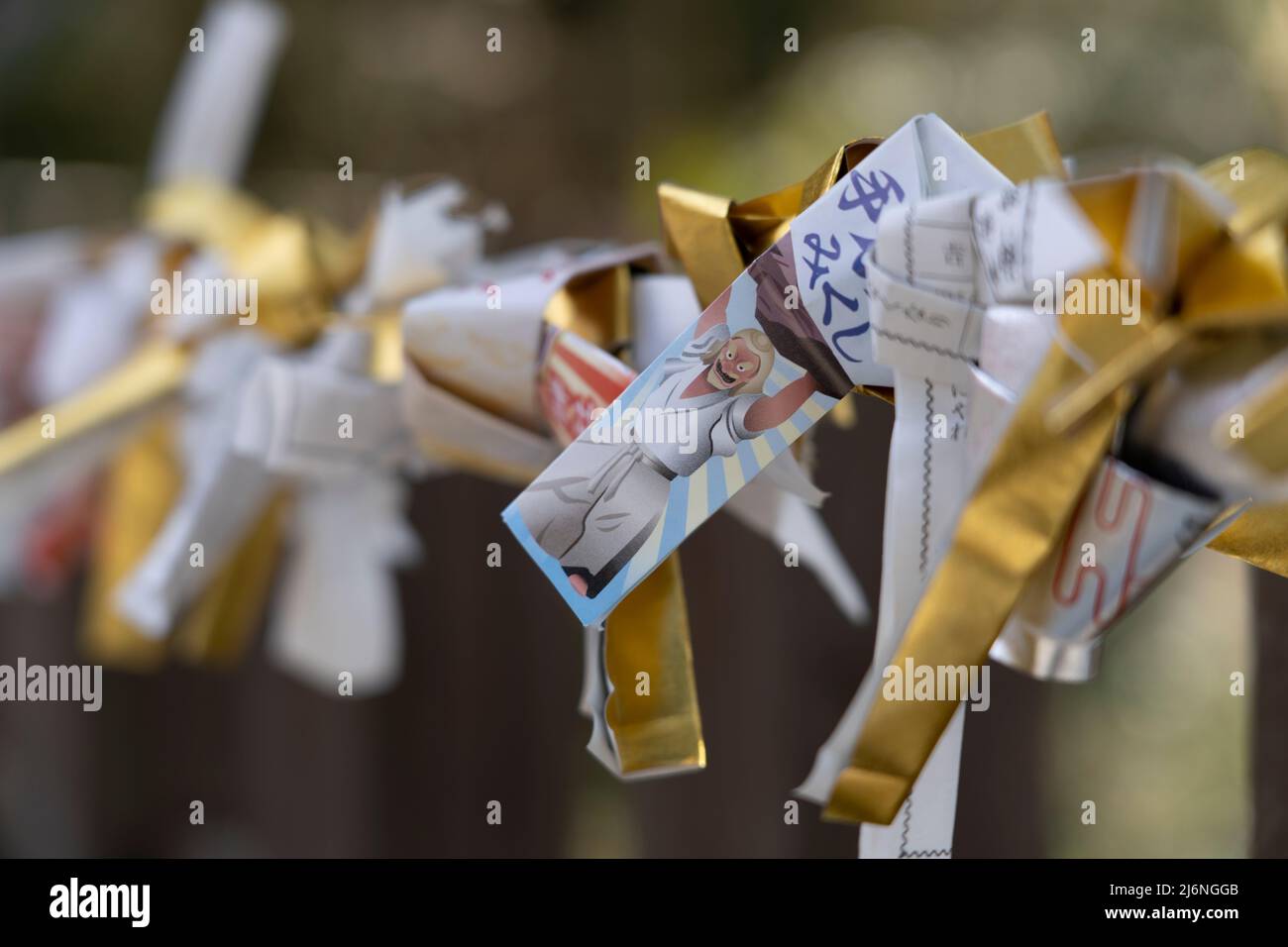 Omikuji Wahrsagerpapiere mit dem Bild des gottes Tadjikarao, der die Felstüre hob, um Amateriasu zu befreien. Amanoiwato Jinja, Shinto-Schrein, Takachiho, Kyush Stockfoto