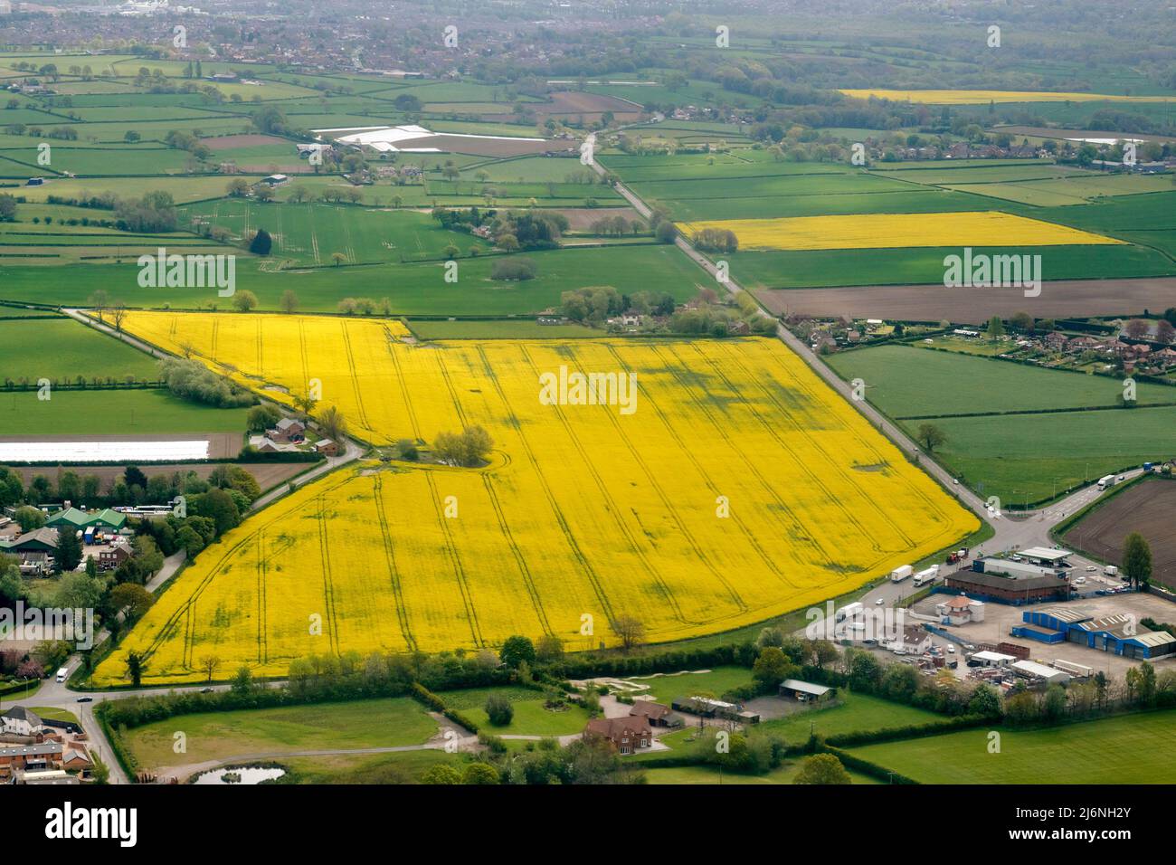 Eine Luftaufnahme von Feldern mit Rapssamenöl, die im Frühjahr reifen, im Nordwesten Englands, Großbritannien Stockfoto