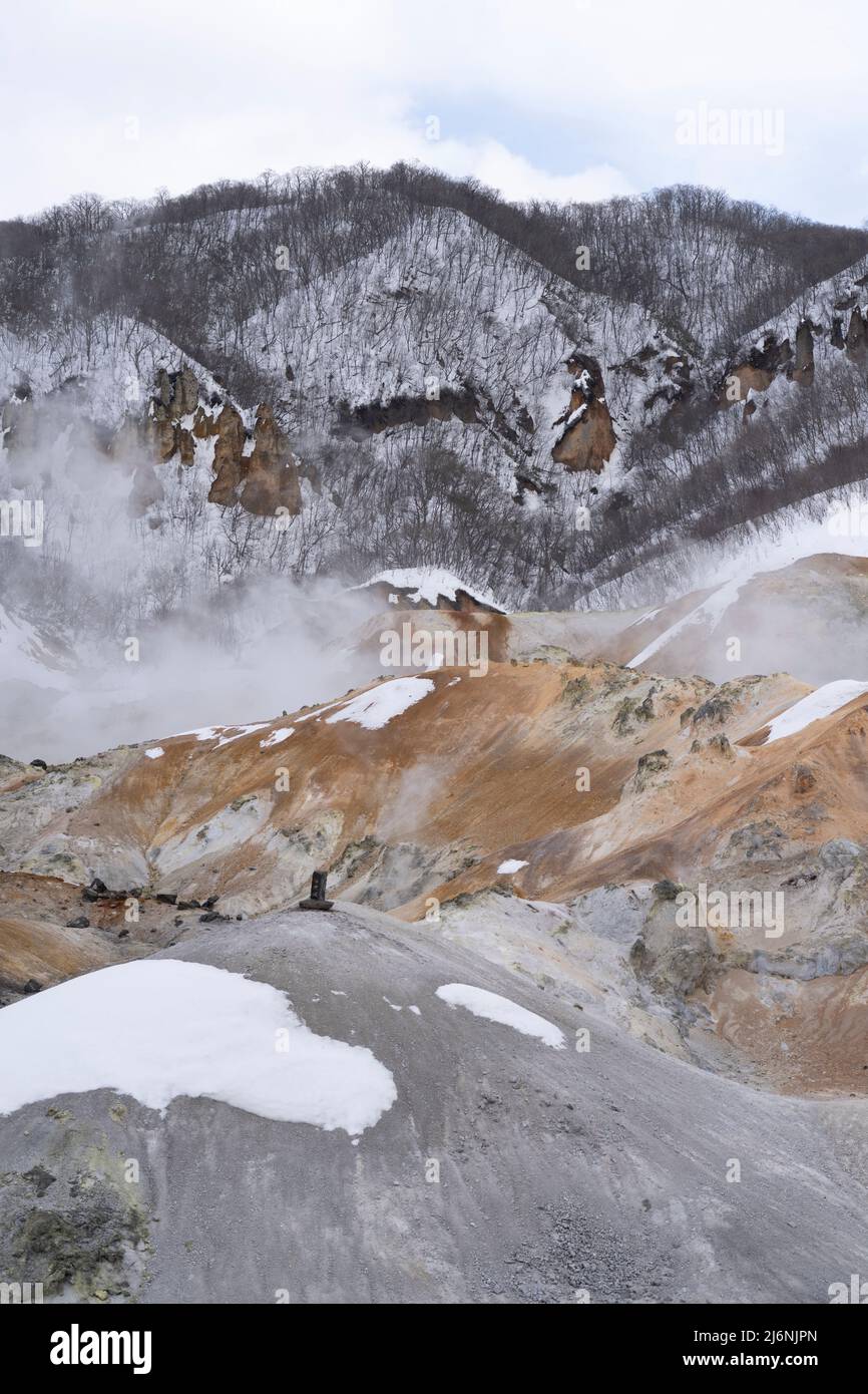 Jigokudani (Hell Valley) Geothermie-Gebiet, Noboribetsu Onsen, Hokkaido, Japan Stockfoto
