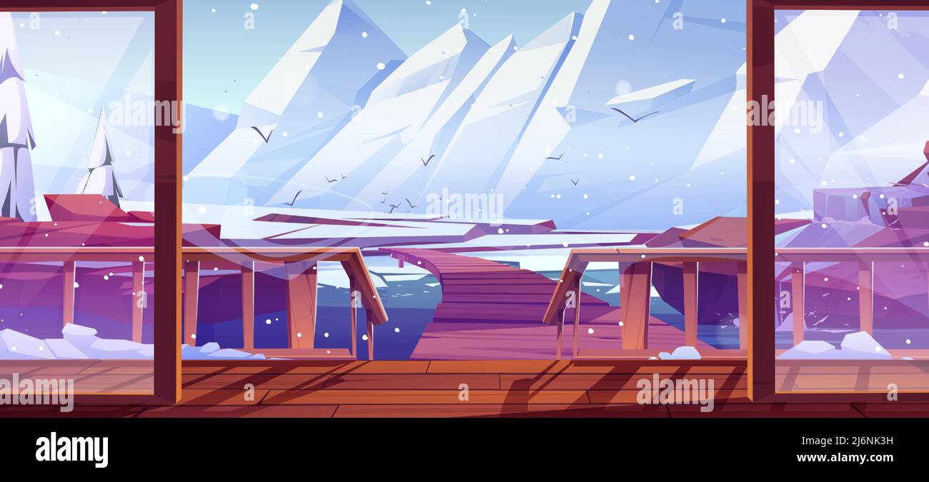 Startseite Terrasse Blick auf Holzbrücke oder Pier im Meer in den Bergen Winterlandschaft mit felsigen weißen Gipfeln, fallendem Schnee und Fichten. Außenterrasse des Hotels oder der Hütte mit Veranda, Cartoon-Vektor-Illustration Stock Vektor