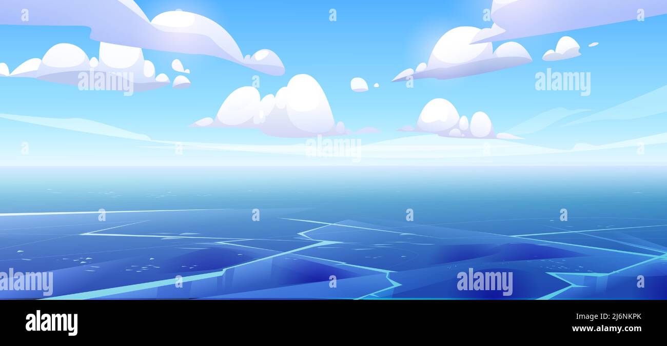 Arktische gefrorene Meereslandschaft mit flacher Eisoberfläche. Hintergrund des Winterozeans mit Gletscher. Vektor-Cartoon-Illustration des antarktischen Ozeans oder Wintersees mit blauem Eis Stock Vektor