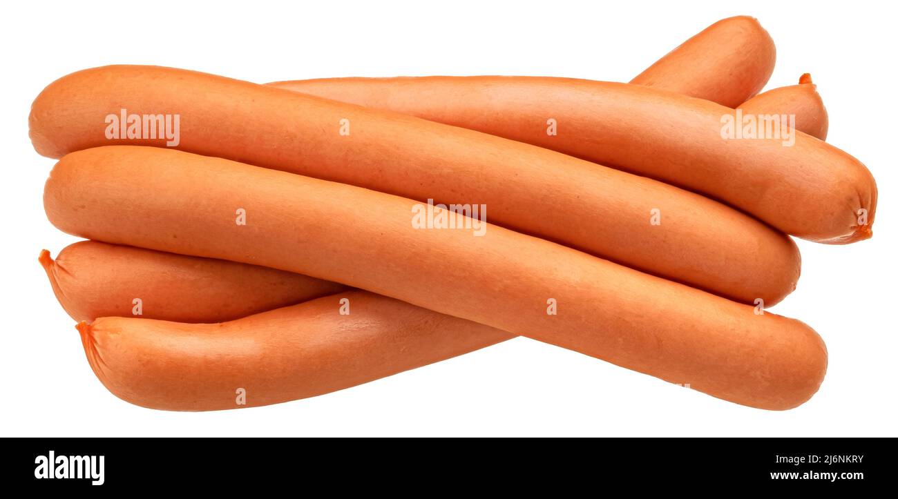 Hot Dog Wurst isoliert auf weißem Hintergrund, volle Schärfentiefe Stockfoto