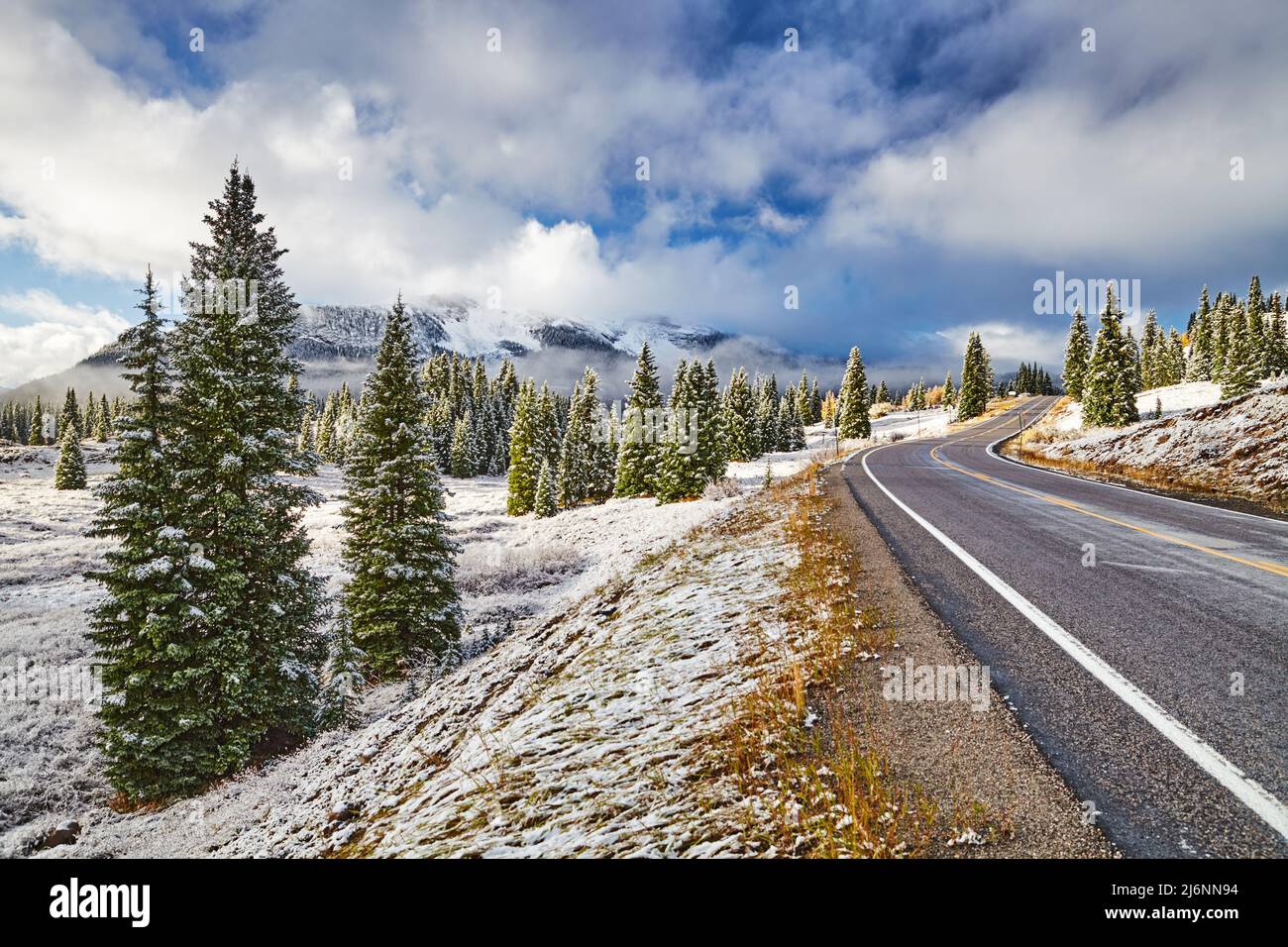 Landschaft mit verschneiten Bergen und Wald, Highway 550, Colorado, USA Stockfoto