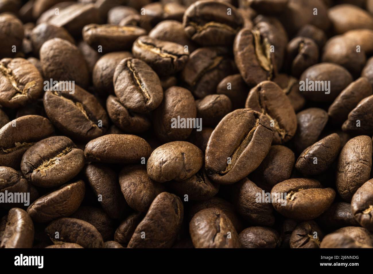 Medium geröstete Kaffeebohnen Hintergrund. Makro-Textur von Bio-Kaffee Körner von hellen Braten. Designelement für Kaffeepflanzen- und Koffeinkonzepte. Stockfoto