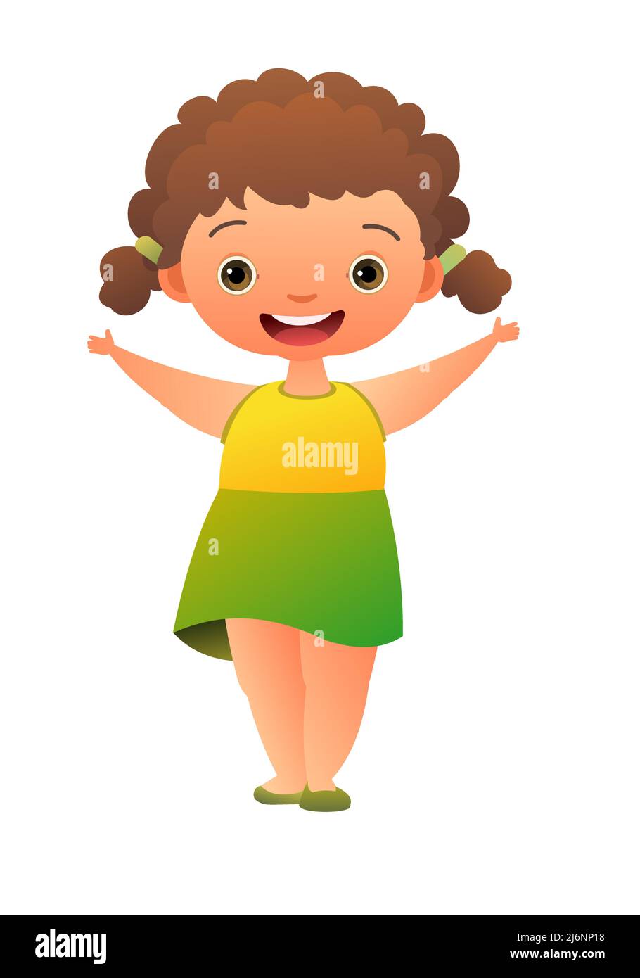 Kleine Mädchen Vorschulkinder. Person in Sommerkleidung. Fröhliches, lustiges Kind. Baby Joy. Illustration im Cartoon-Stil. Flaches Design. Niedliches Kind. Isoliert auf Whit Stock Vektor