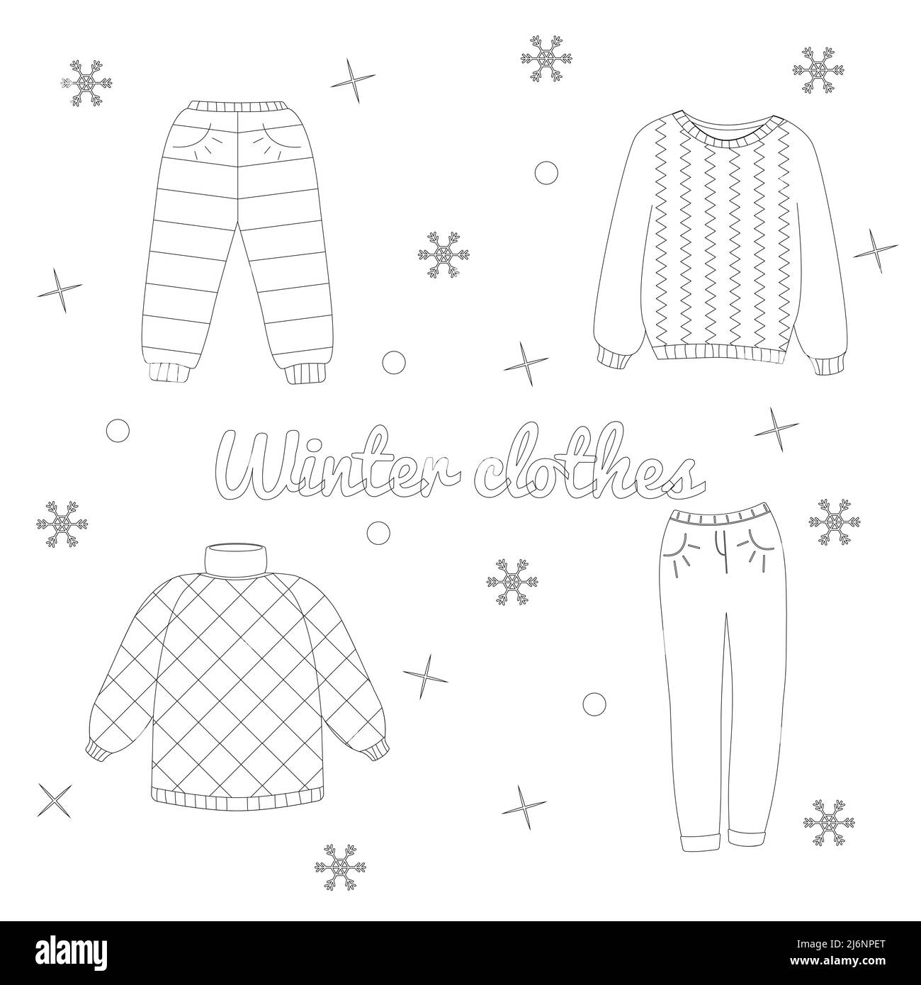 Schöne Winterkleidung Set, tolles Design für jeden Zweck. Flache Vektorgrafik. Farbbuch. Stock Vektor