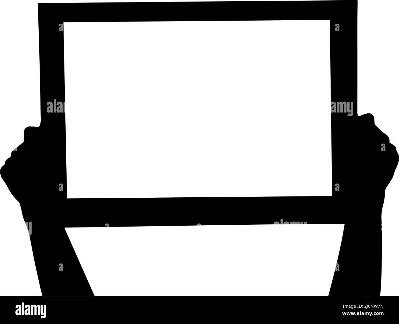Zwei Hände halten einen Zeichenvektor Silhouette, Rahmen mit Kopierraum schwarze Farbe, ein Schild mit Armen, isoliert auf weißem Hintergrund Stock Vektor