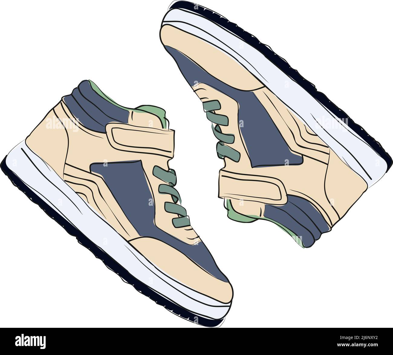 Blasse Farbe Mode Sneaker Illustration, Sneaker mit Draufsicht, flaches Design, Skizze Konzept Zeichnung Schuhe, grau, grün und Hautfarbe Sportschuhe Stock Vektor