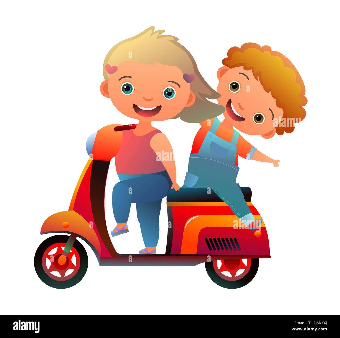 Roller Motorrad. Junge Kind kleiner Passagier und Mädchen fahren. Illustration im Cartoon-Stil. Niedliches Kinderchen. Isoliert auf weißem Hintergrund. Vektor Stock Vektor