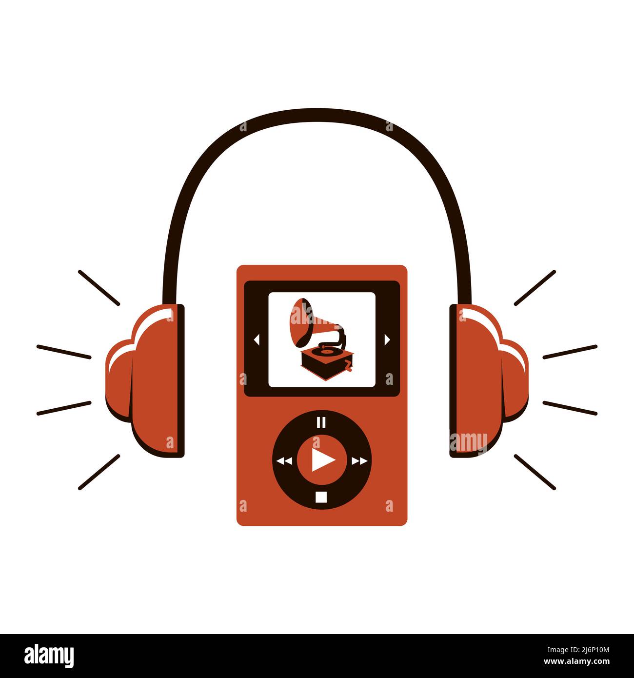 Symbol für Audioguide. Kopfhörer und ein Gerät mit Steuerungstasten. Auf dem Bildschirm ein Dinosaurierskelett. Audiobegleitung im Museum. Vektorgrafik Stock Vektor