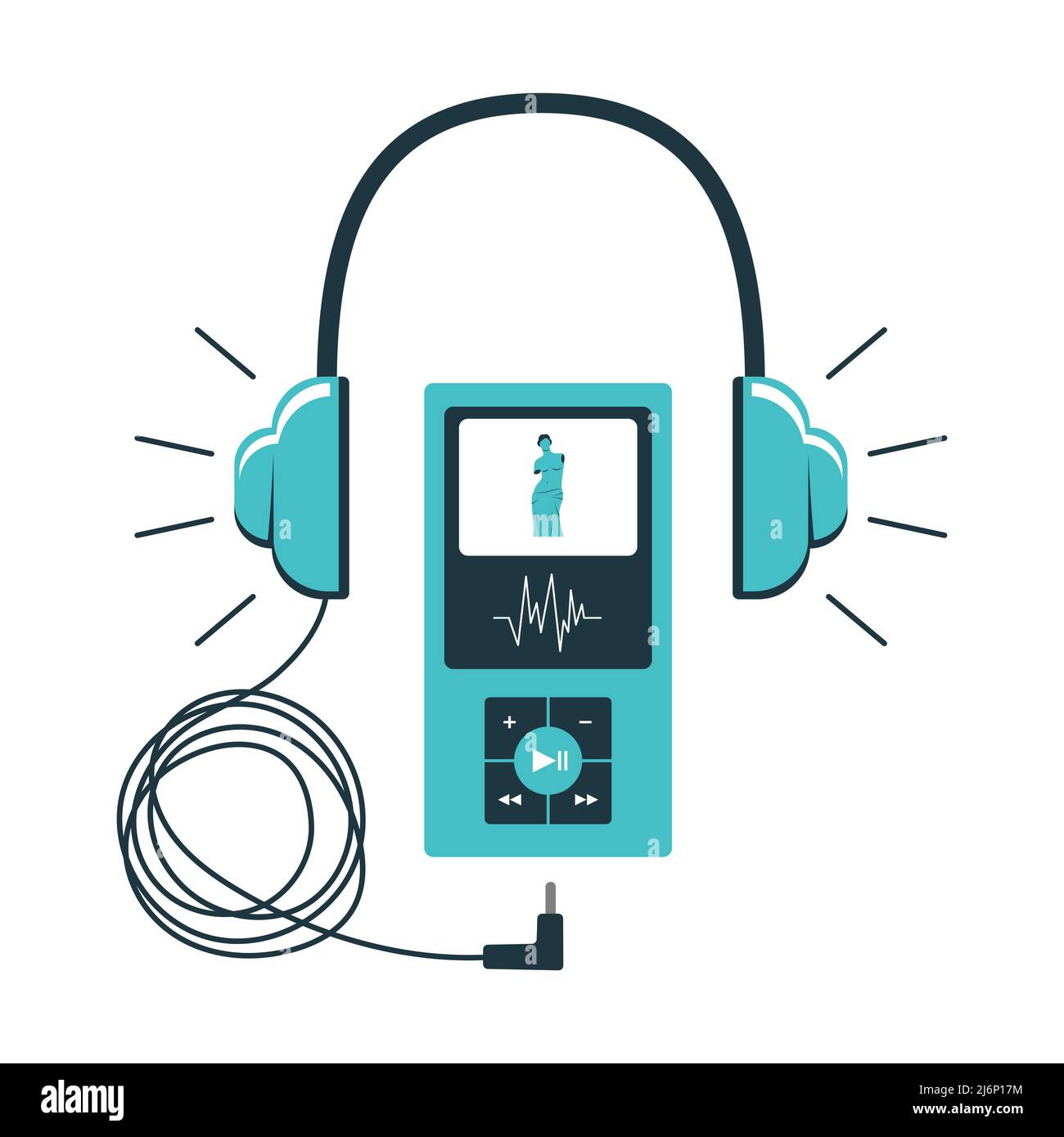 Audioguide für die Ikone des Museums. Kopfhörer mit einem Kabel, das an ein Gadget mit Steuerungstasten angeschlossen ist. Audiobegleitung im Museum. Vektorgrafik Stock Vektor