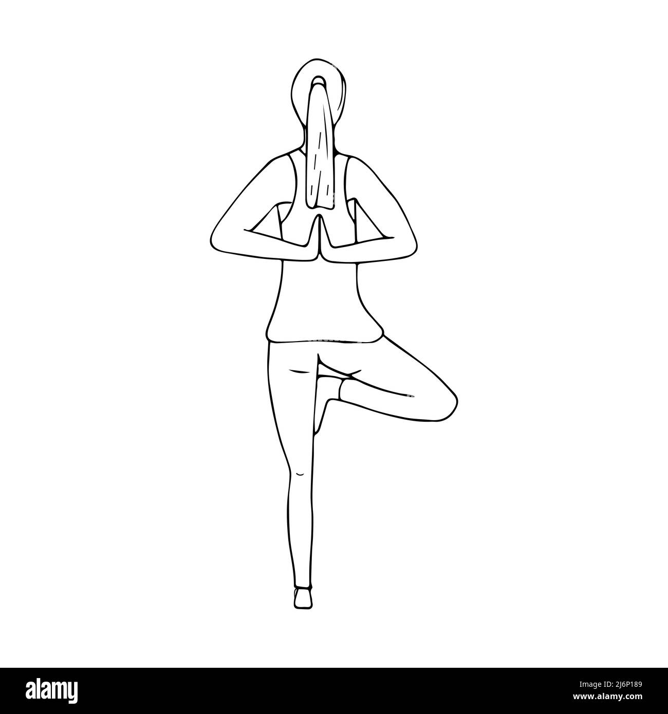 Ein junges Mädchen praktiziert Hatha Yoga. Namaste. Hände hinter dem Rücken. Indische Kultur. Gymnastik, gesunder Lebensstil. Doodle-Stil. Schwarz-Weiß-vecto Stock Vektor