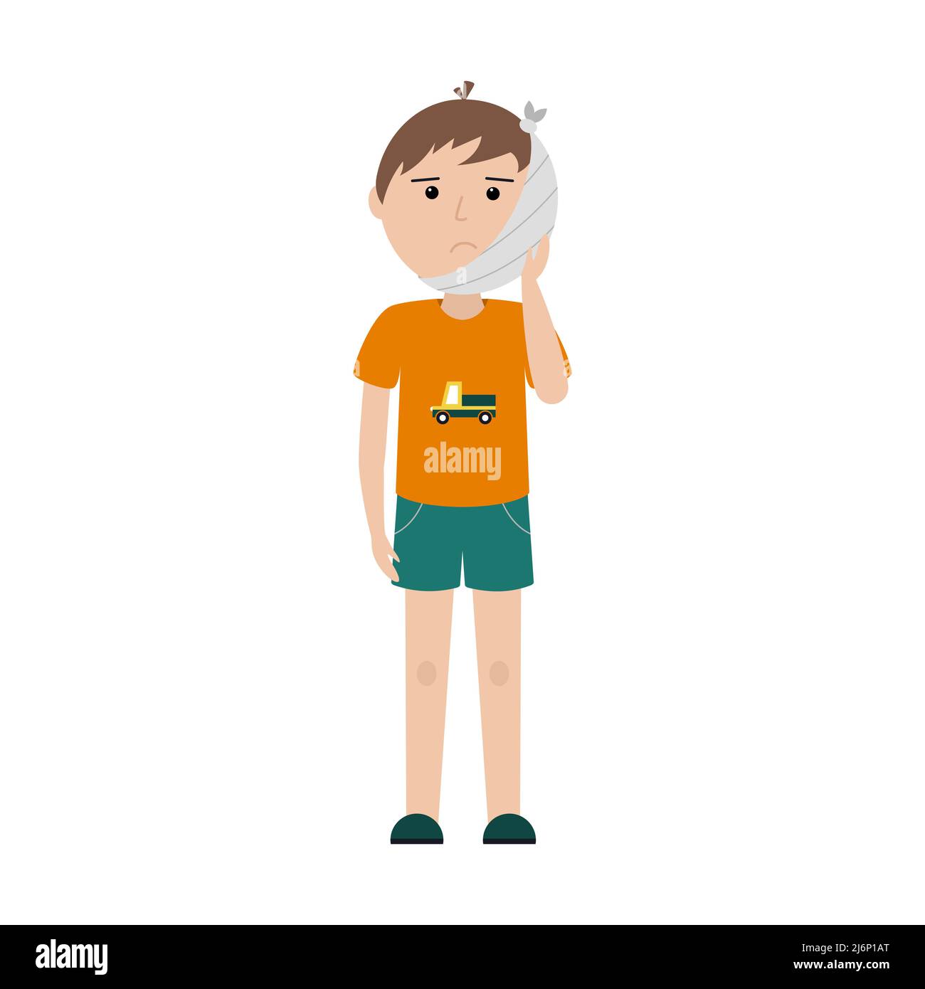 Ein trauriger Junge in einem T-Shirt mit einem Auto und Shorts steht mit seiner verbundenen Wange. Zahnschmerzen. Verband auf dem Kopf. Einfache Farbdarstellung mit einem Kind Stock Vektor