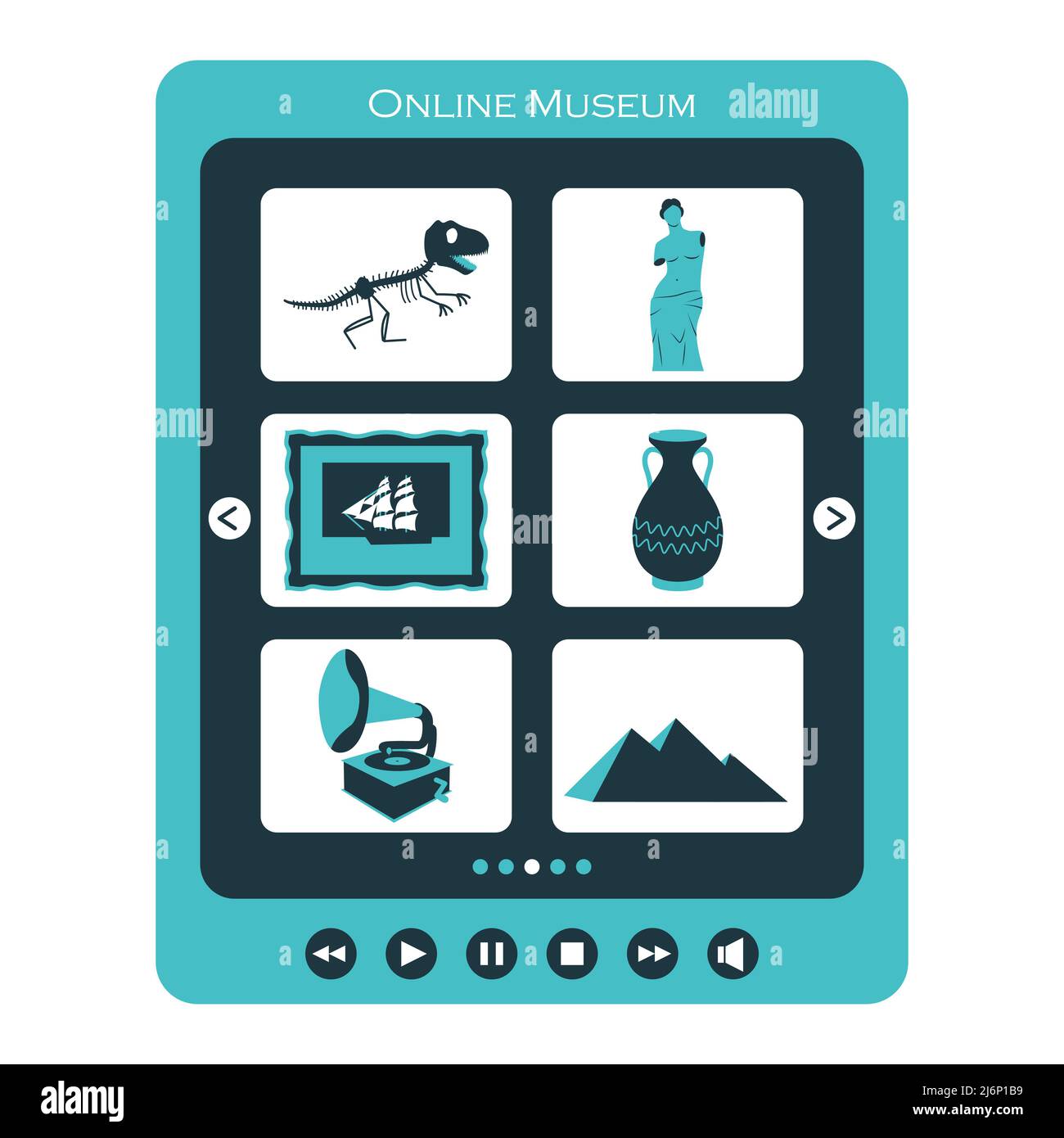Konzept des Besuchs eines Online-Museums oder einer Ausstellung. Tablet mit Kategorien von Museumsstücken. Die Symbole der Skulptur, alte Kultur, das Skelett von Stock Vektor