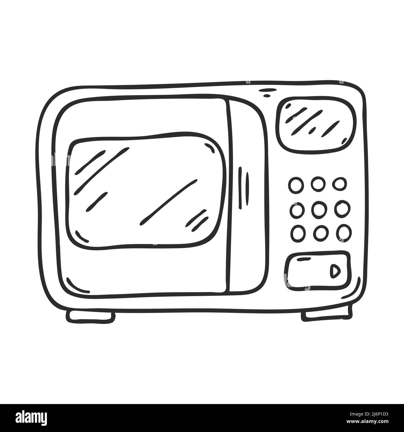 Mikrowelle. Elektrische Küchengeräte zum Erhitzen von Lebensmitteln. Designelement für Menügestaltung, Rezepte und Lebensmittelverpackungen. Handgezeichnet und isoliert auf einem w Stock Vektor