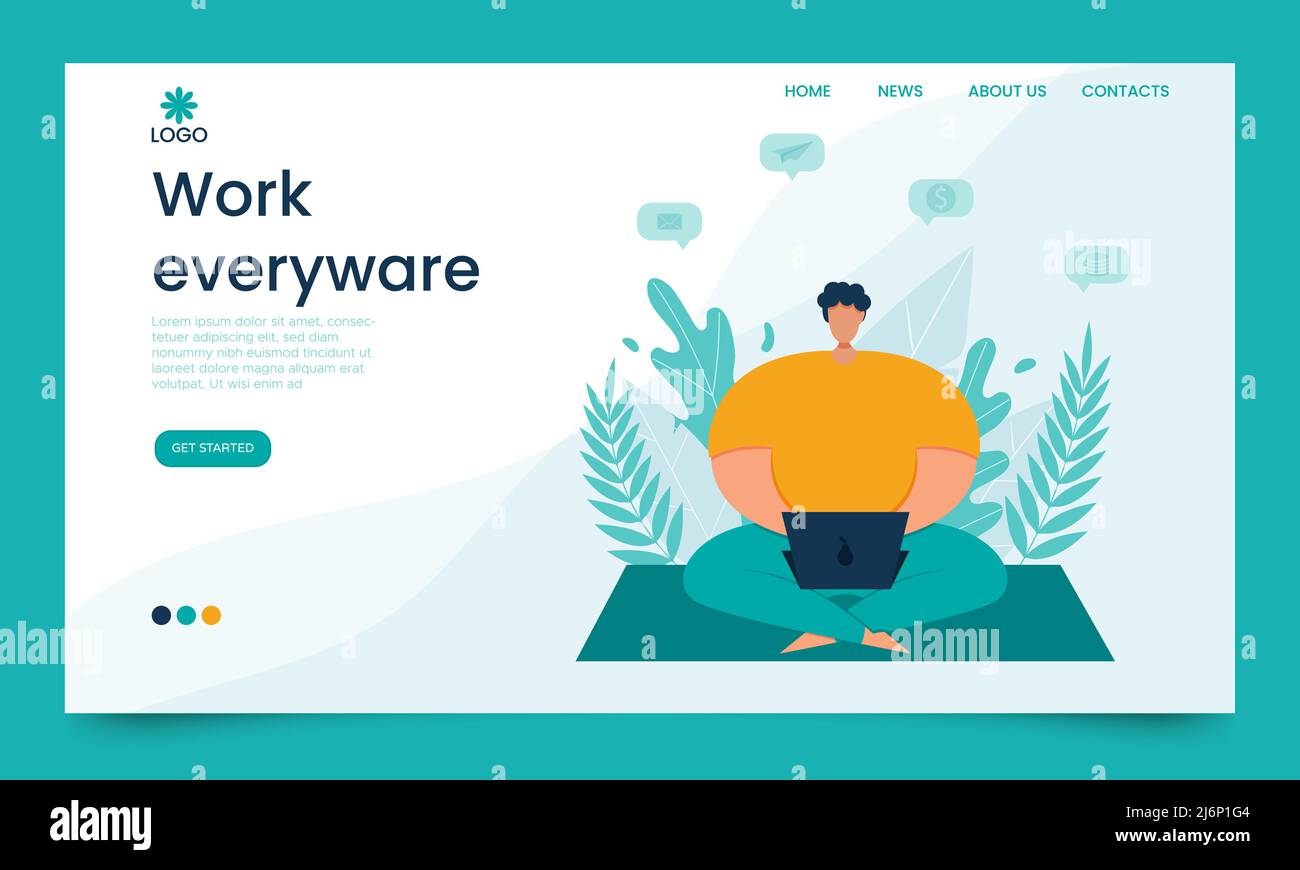 Vorlage für Landing-Page. Das Konzept einer Webseite für Freiberufler, standortunabhängiges Arbeiten, Telearbeit und Unternehmen. Ein Mann arbeitet mit einem Laptop, der in t sitzt Stock Vektor