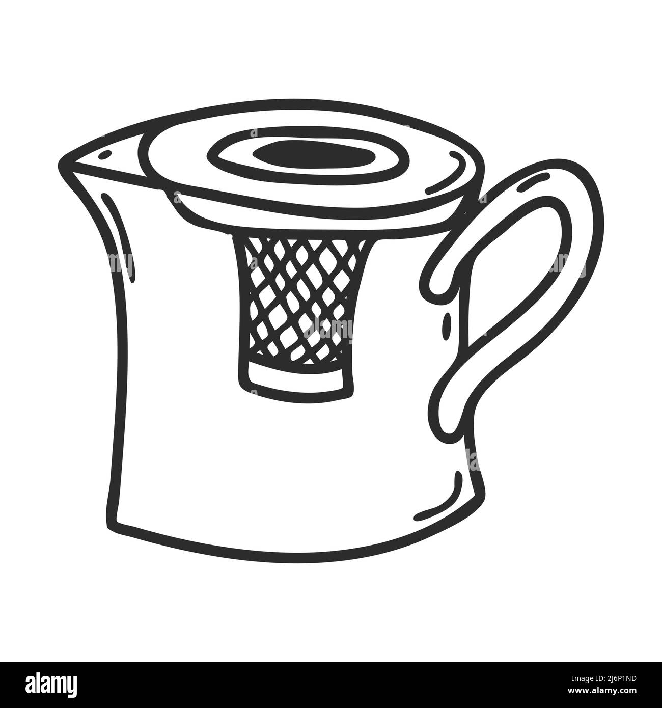 Wasserkocher für die Zubereitung von Tee im Doodle-Stil.Küchengerät für die Zubereitung von Tee.Dekoratives Element für Menügestaltung, Rezepte und Lebensmittelverpackungen. Von Hand gezeichnete und Stock Vektor