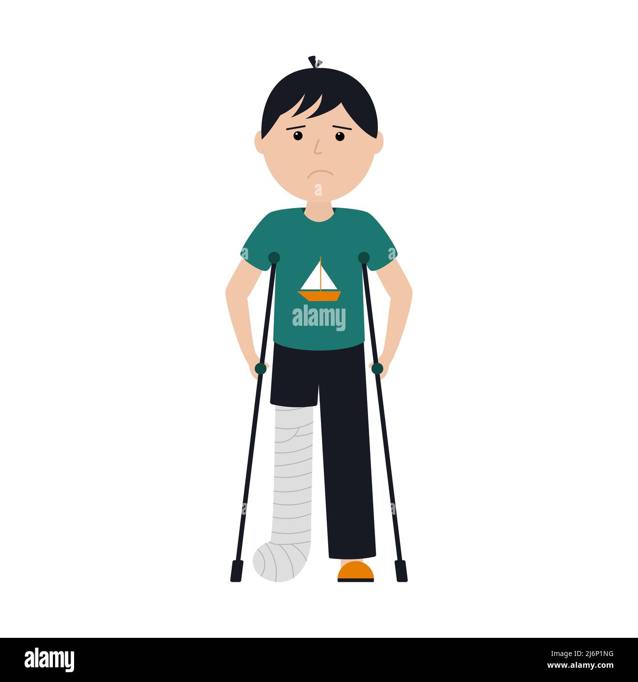 Ein trauriger Junge in T-Shirt und Hose steht mit gebrochenem Bein auf Krücken. Die Beinfraktur wurde mit einem Guss fixiert. Farbvektordarstellung mit einem Kind Stock Vektor