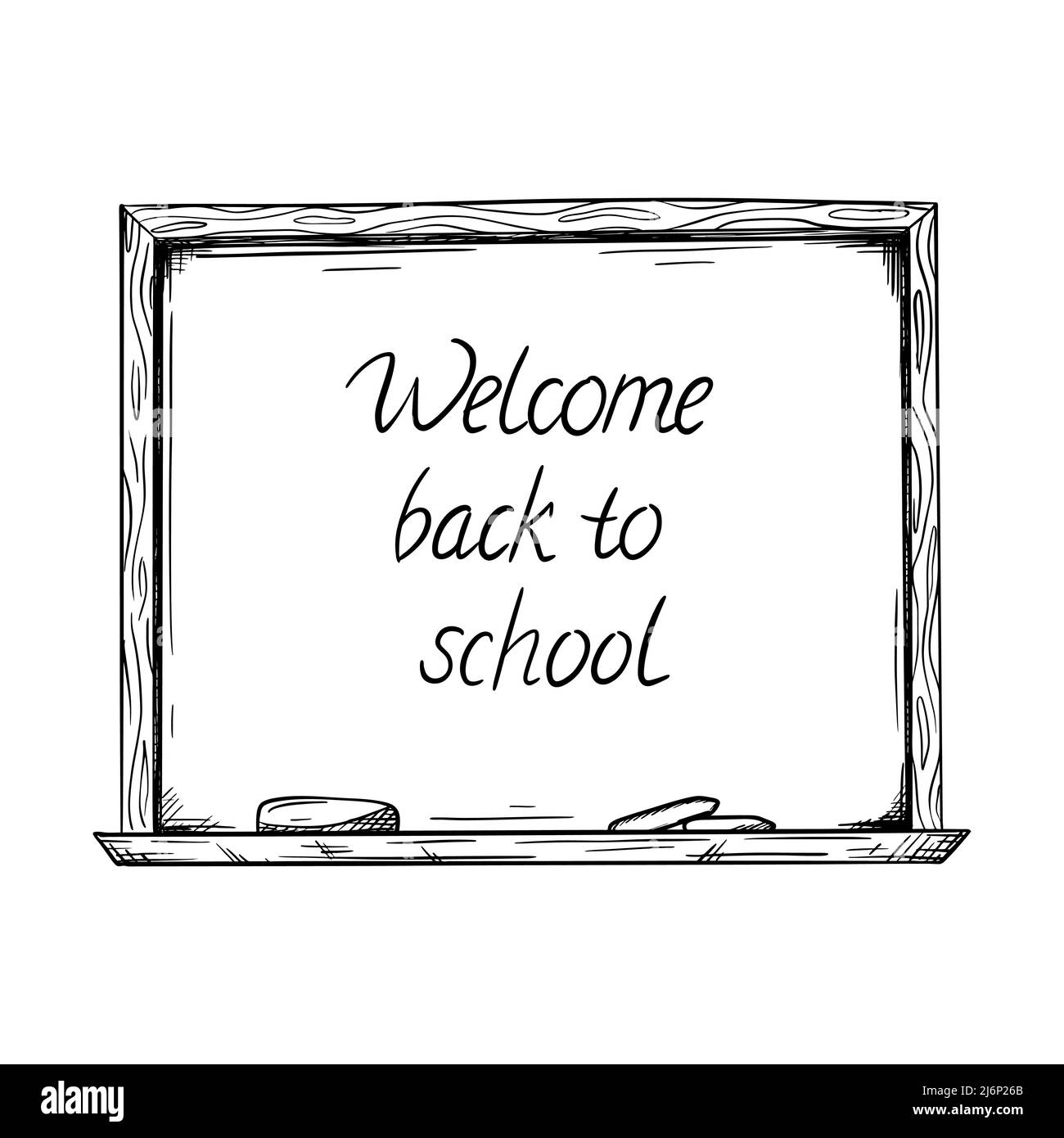 Skizze einer Tafel mit den Worten Zurück in die Schule.auf dem Brett sind Kreidezeichen.das Blatt mit Notizen ist mit einem Knopf befestigt.Platz für Text Stock Vektor