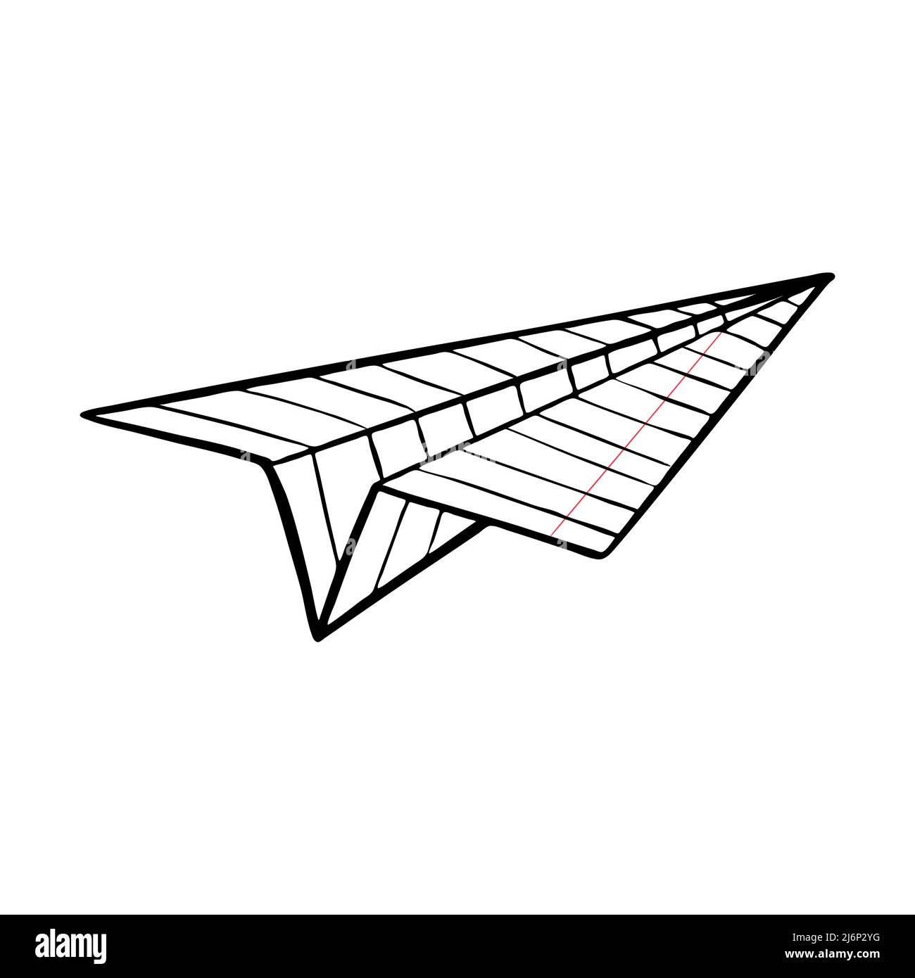 Flugzeug aus einem Notizbuch. Origami, Papierhandwerk. Symbol für Bewegung, Flug, Nachricht, Nachrichten. Spaß an der Schule. Die Skizze ist von Hand gezeichnet. Schwarz-weiß ve Stock Vektor