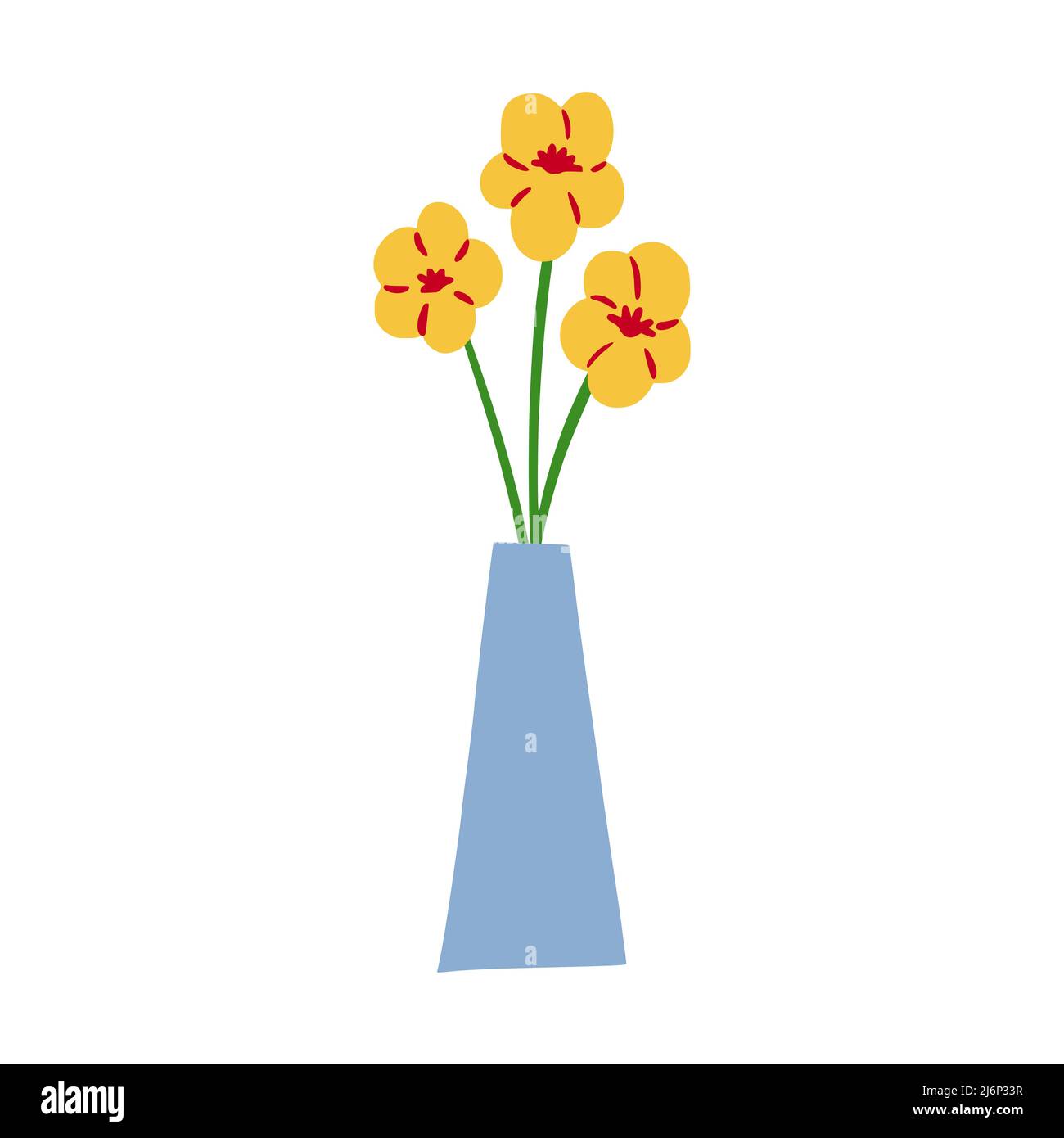 Gelbe Blüten in einer Vase. Symbol für Komfort zu Hause. Hygge. Eine einfache Zeichnung wird von Hand gezeichnet. Isoliert auf weißem Hintergrund. Darstellung von Farbvektoren Stock Vektor