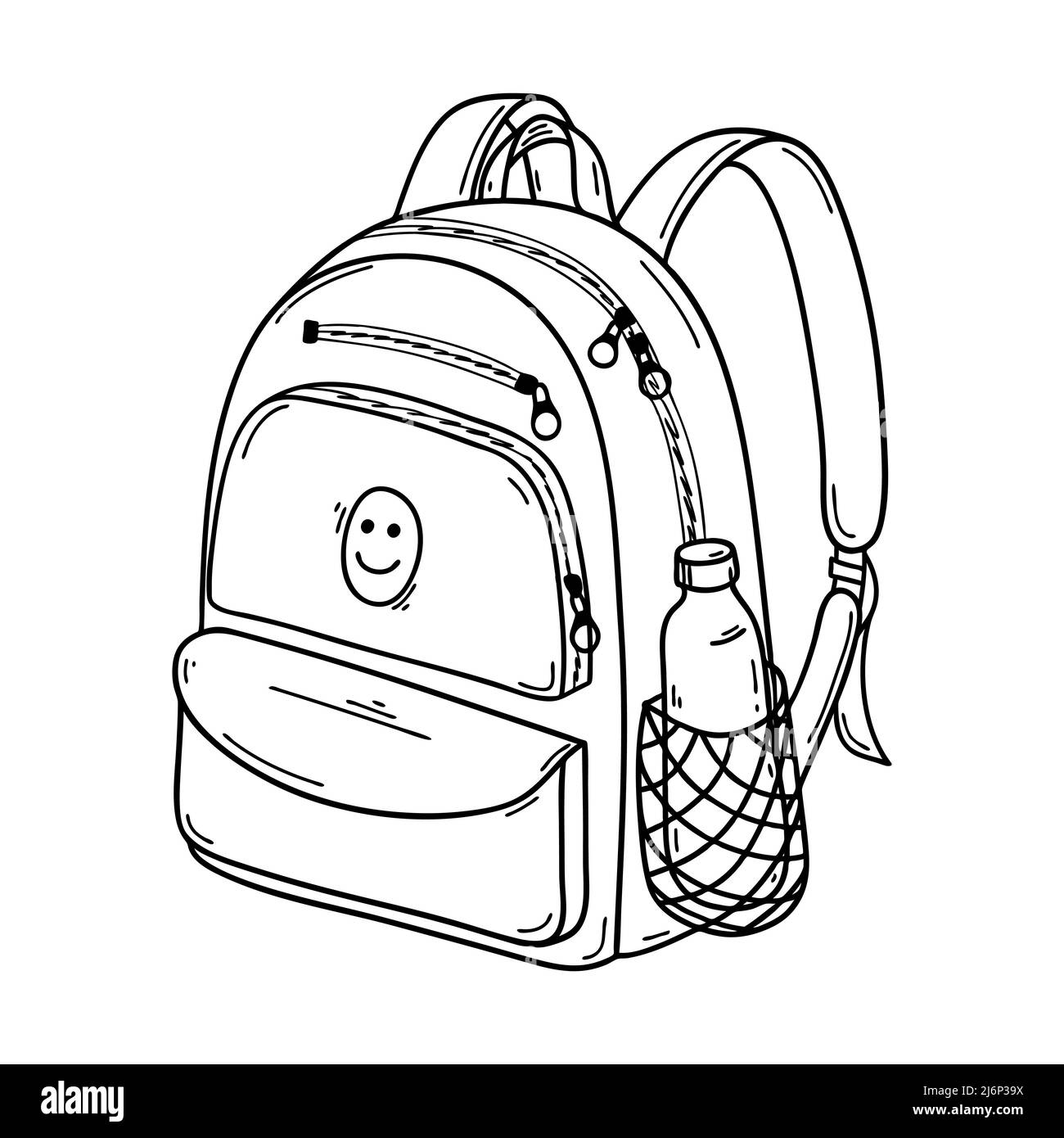 Geschlossener Schul- oder Sportrucksack im Doodle-Stil. Mit Reißverschlusstaschen und einer Wasserflaschentasche. Aktenkoffer für Lehrbücher. Schwarz-Weiß-Vektor illustrr Stock Vektor