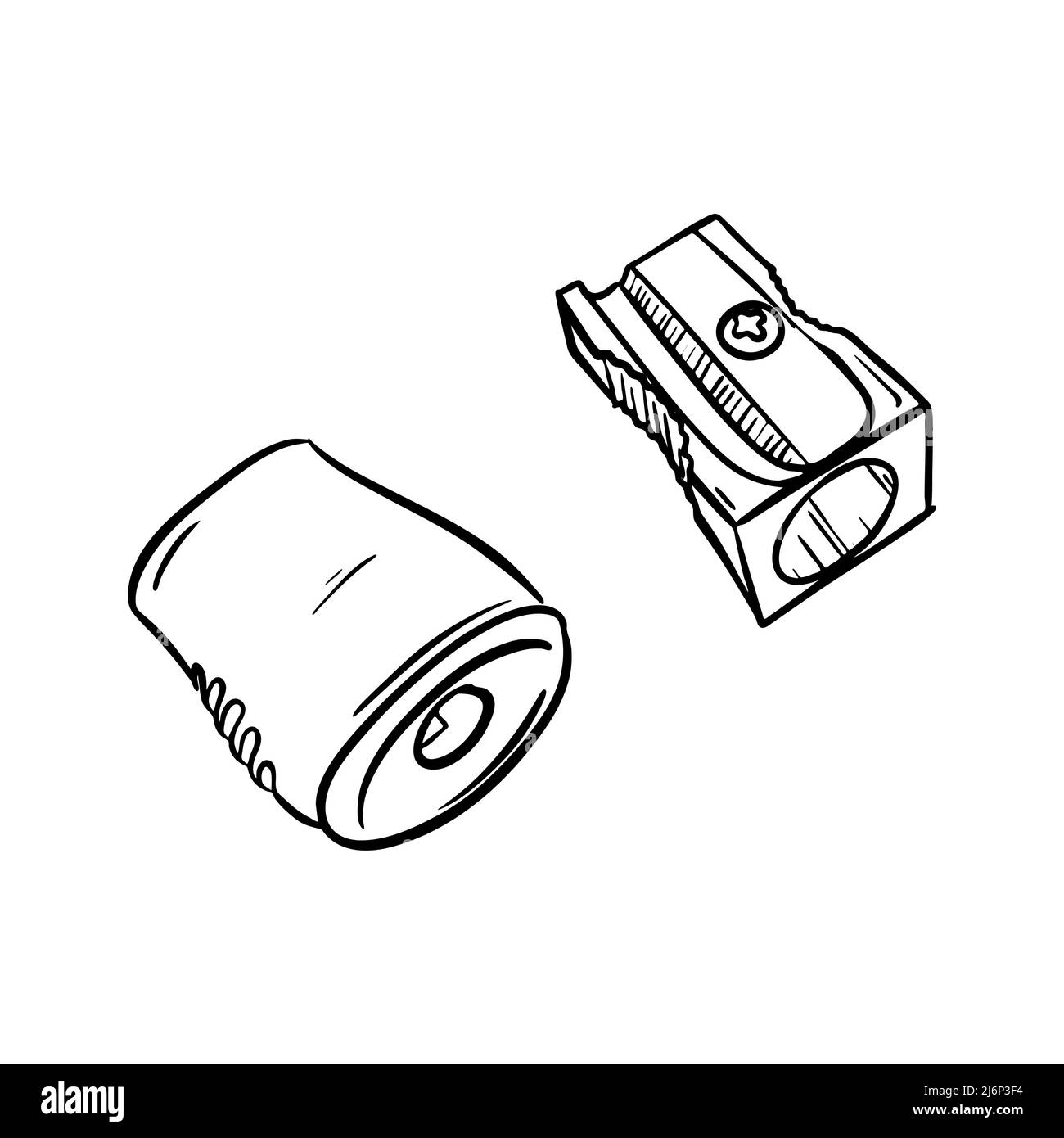 Skizze der Bleistiftspitzer. Schreibwaren, Bürobedarf für Schulkinder und Künstler. Gravurstil. Digitales Zeichnen. Von Hand gezeichnet und isoliert Stock Vektor