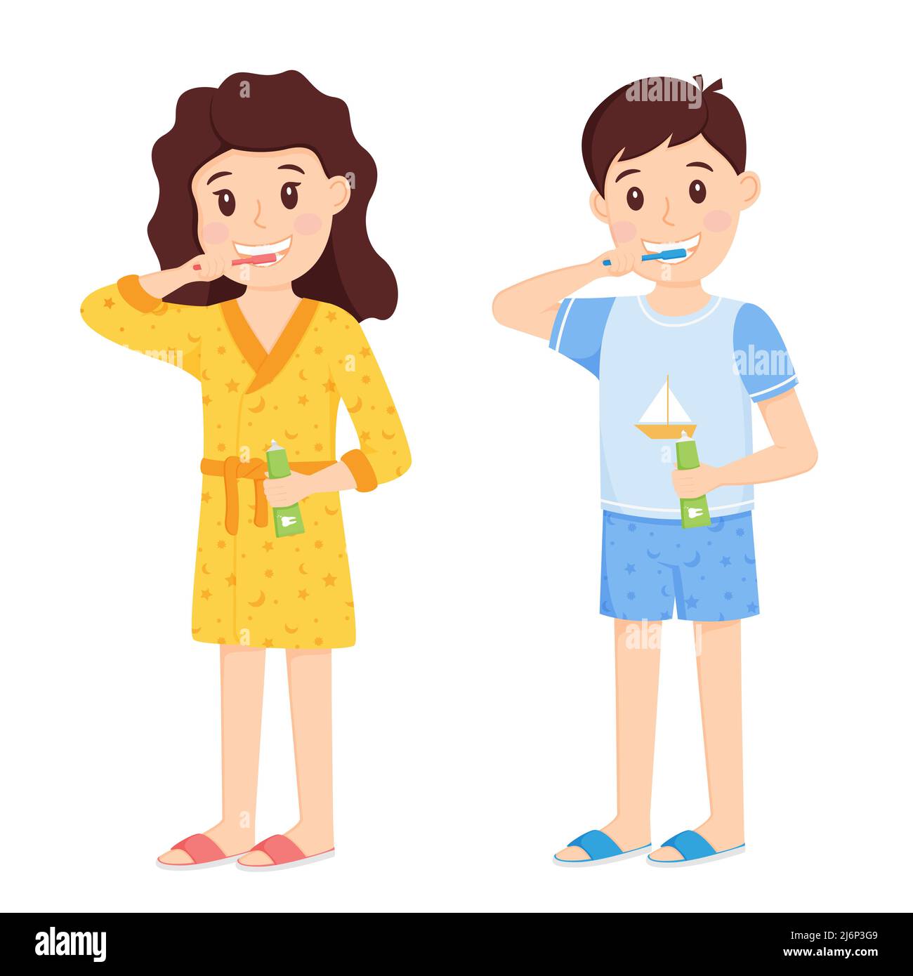 Kinder ein Junge und ein Mädchen putzen sich die Zähne in Hauskleidung. Morgendliche Routine, die Pflege der Zahngesundheit. Niedliche Comic-Figuren. Gesunder Lebensstil Stock Vektor