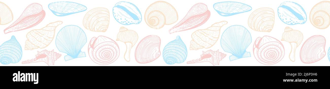 Nahtloser Rand von Muscheln. Ein schmal rechteckiges Muster aus handgezeichneten Elementen. Eine Sammlung von runden und spiralförmigen Schalen in zarten Farben.Sketch.V Stock Vektor