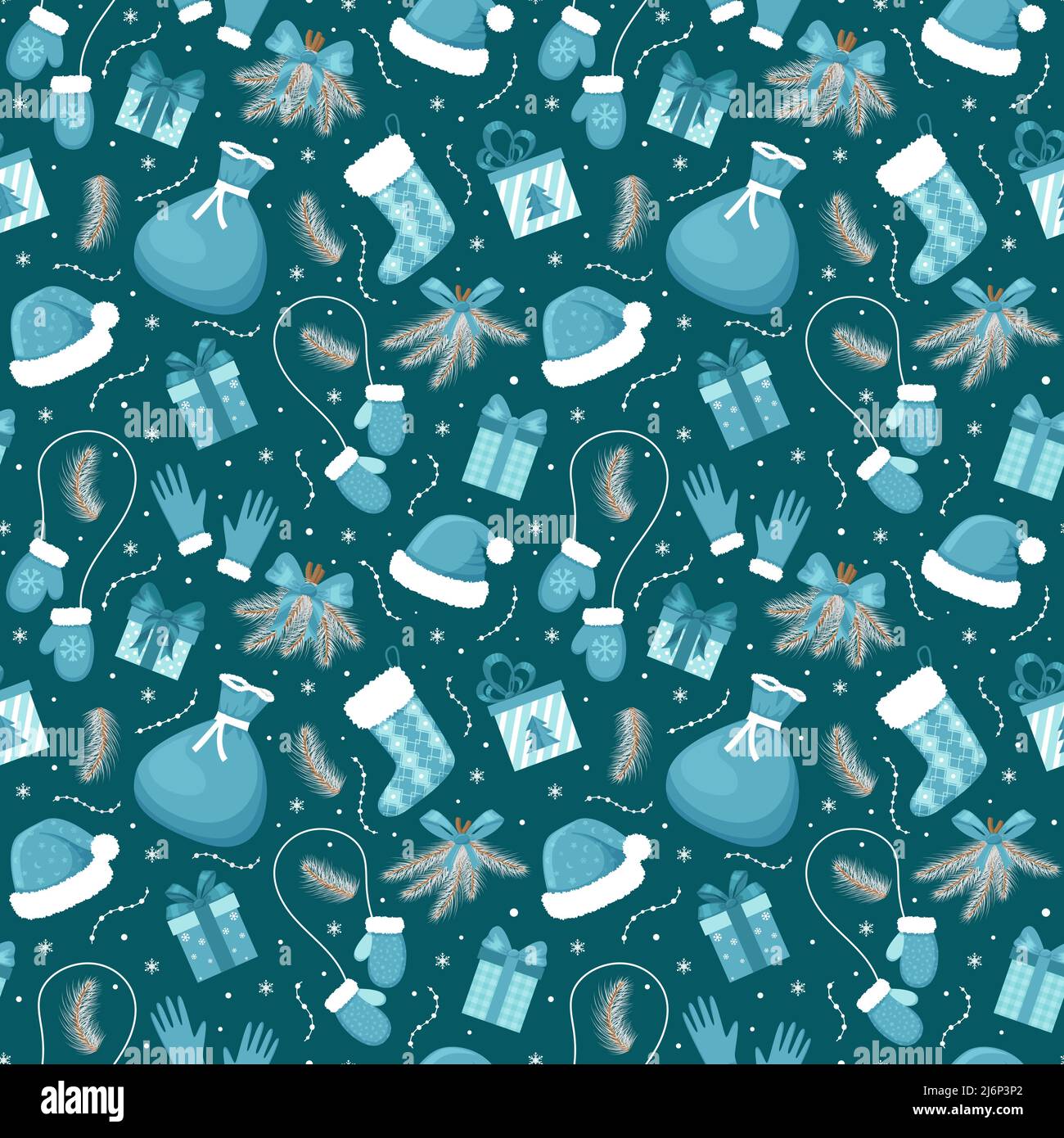 Nahtloses Muster mit weihnachtlichen Elementen in Blautönen auf dunkelblauem Hintergrund. Ideal zum Einpacken von Papier, Geschenkschachteln. Flache Objekte isoliert und verhallt Stock Vektor